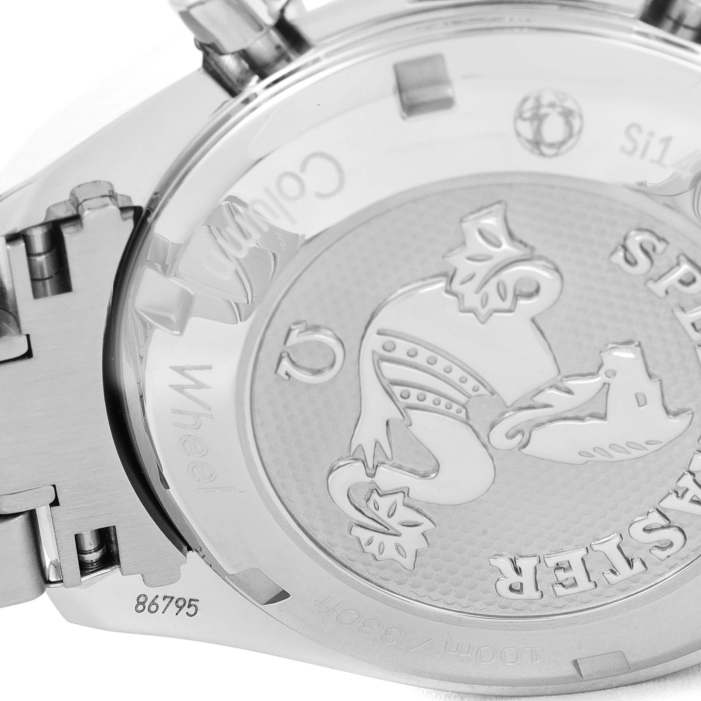 The image shows the case back of an Omega Speedmaster 326.30.40.50.04.001 Men's Stainless Steel White Dial 326.30.40.50.04.001 Men's Stainless Steel White Dial watch at a slight angle, with engravings and part of the bracelet visible.