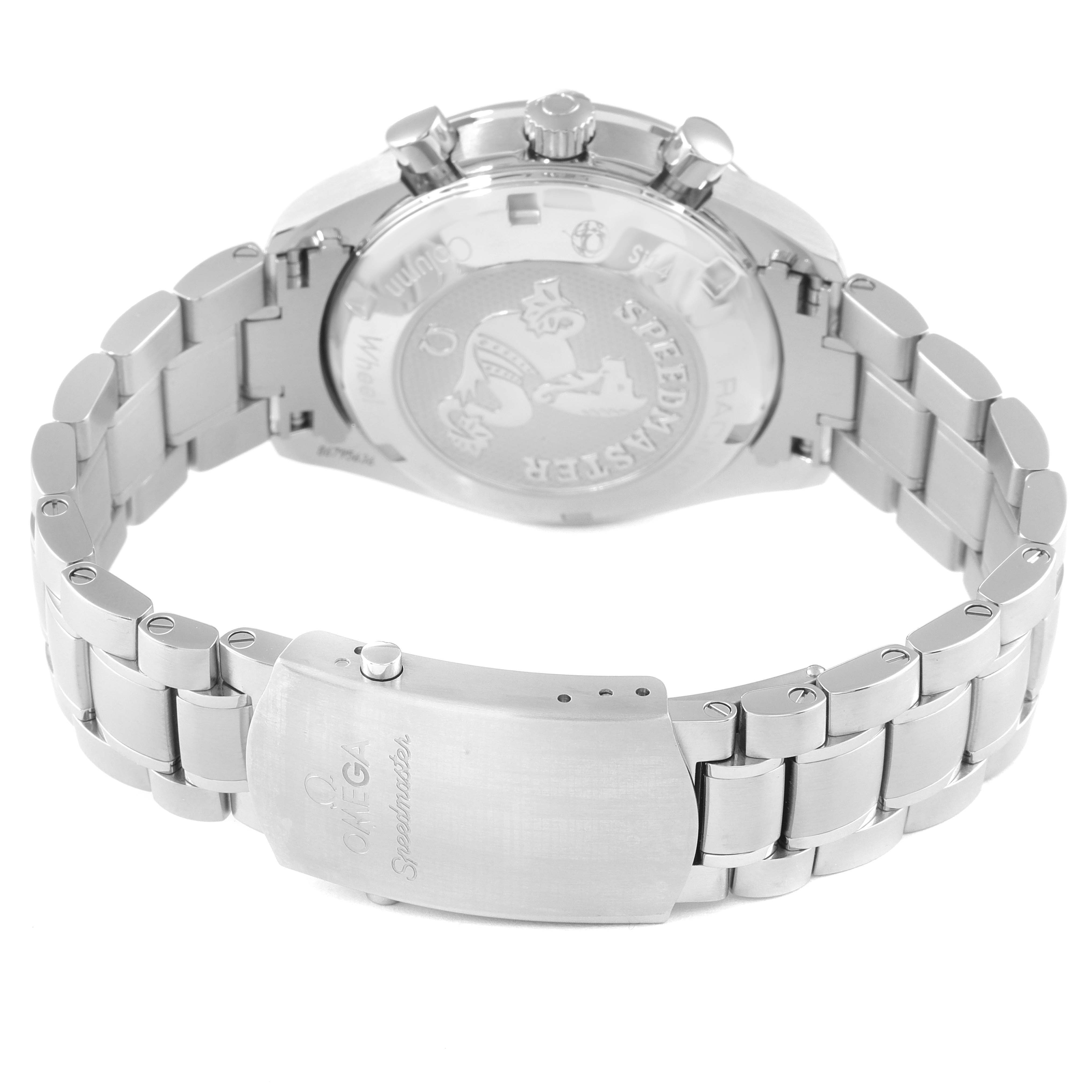 The image shows the back and clasp of an Omega Speedmaster 326.30.40.50.04.001 Men's Stainless Steel White Dial 326.30.40.50.04.001 Men's Stainless Steel White Dial watch, highlighting its stainless steel bracelet and engraved case back.