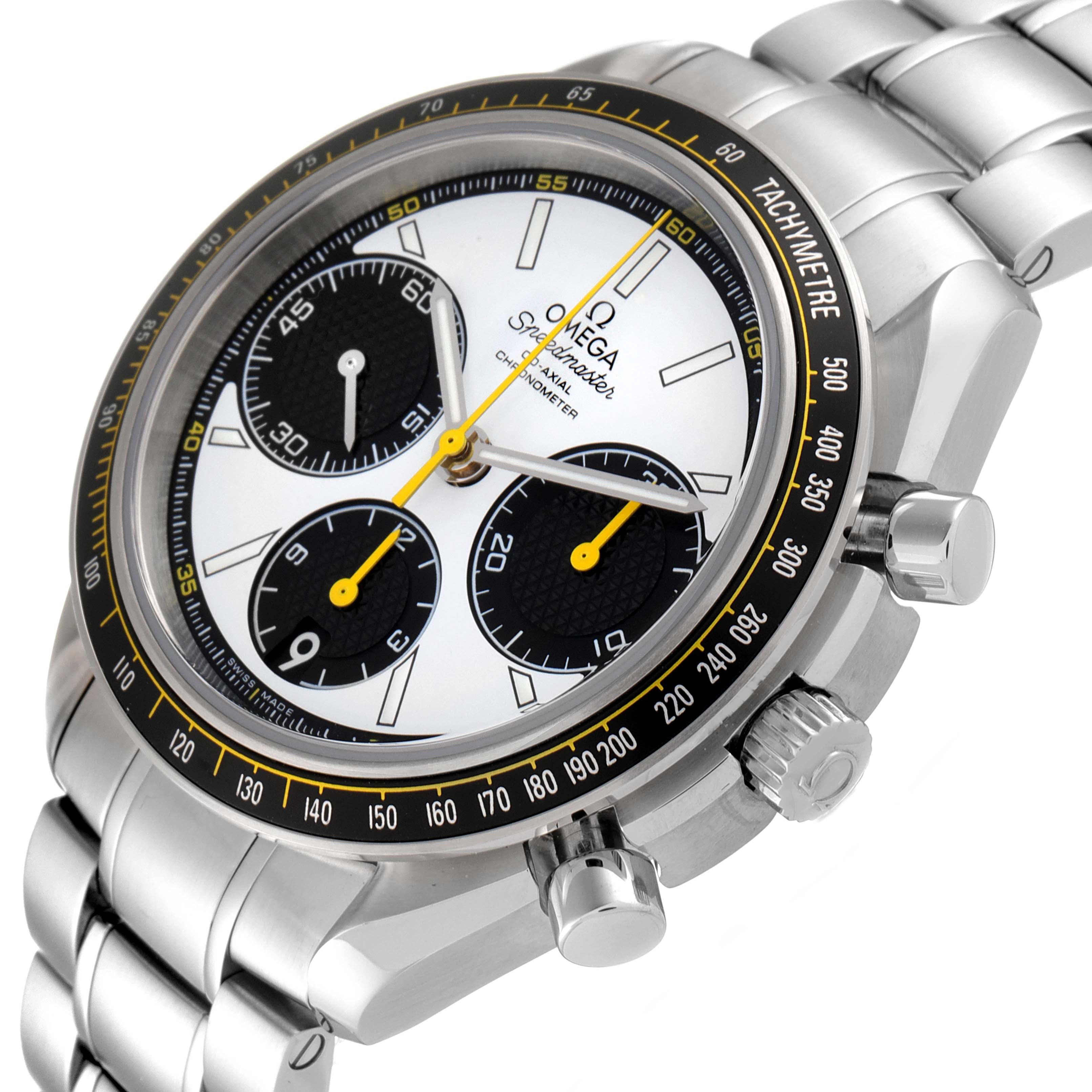 The image displays an Omega Speedmaster 326.30.40.50.04.001 Men's Stainless Steel White Dial 326.30.40.50.04.001 Men's Stainless Steel White Dial watch from a side angle, showing the face, bezel, pushers, crown, and bracelet.
