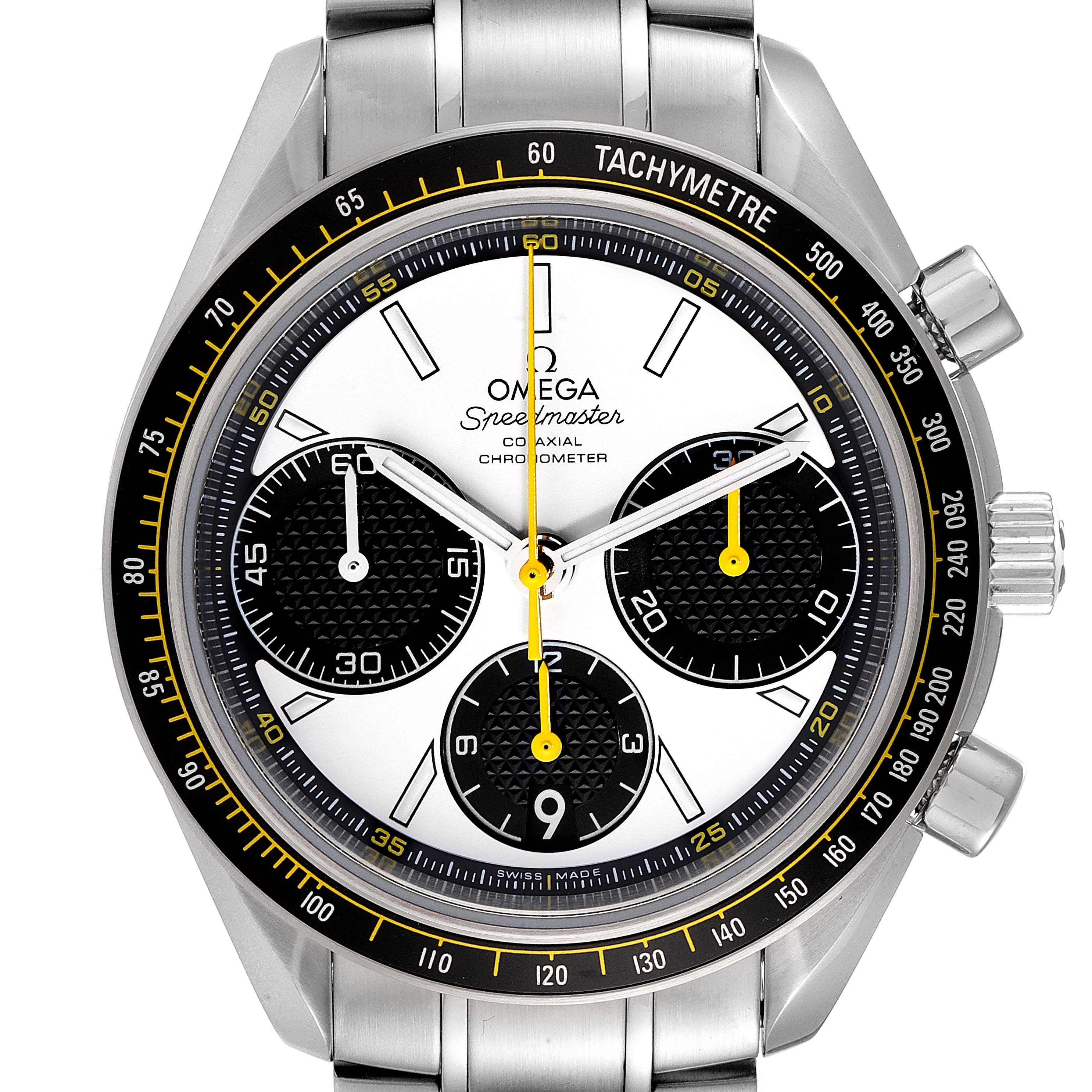 The image shows a frontal view of the Omega Speedmaster 326.30.40.50.04.001 Men's Stainless Steel White Dial 326.30.40.50.04.001 Men's Stainless Steel White Dial watch, highlighting its dial, chronograph subdials, and tachymeter bezel.