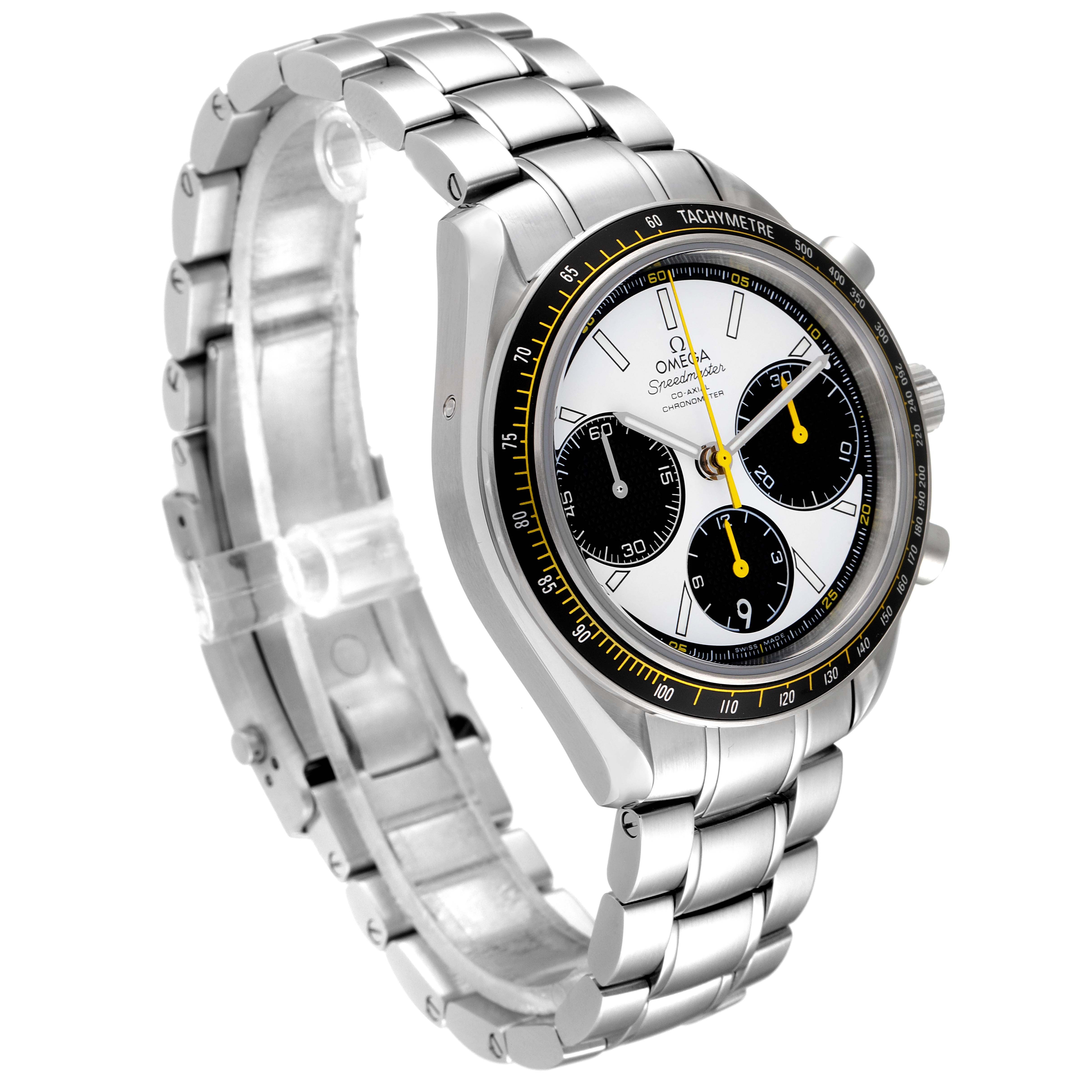 This image shows a side angle view of an Omega Speedmaster 326.30.40.50.04.001 Men's Stainless Steel White Dial 326.30.40.50.04.001 Men's Stainless Steel White Dial watch, featuring the case, bracelet, and tachymeter bezel.