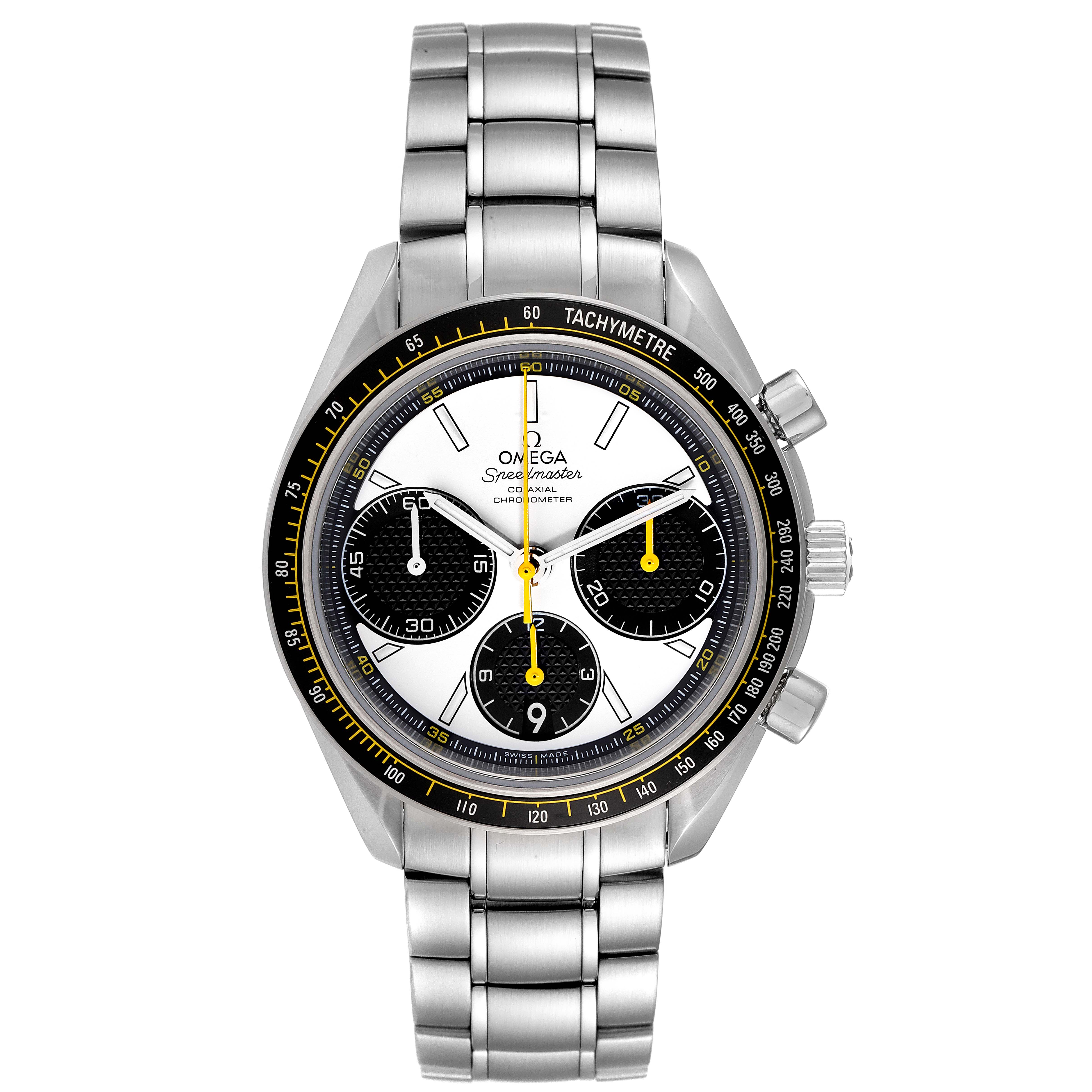 The image shows a front view of an Omega Speedmaster 326.30.40.50.04.001 Men's Stainless Steel White Dial 326.30.40.50.04.001 Men's Stainless Steel White Dial watch, displaying its face, bezel, and metal bracelet.
