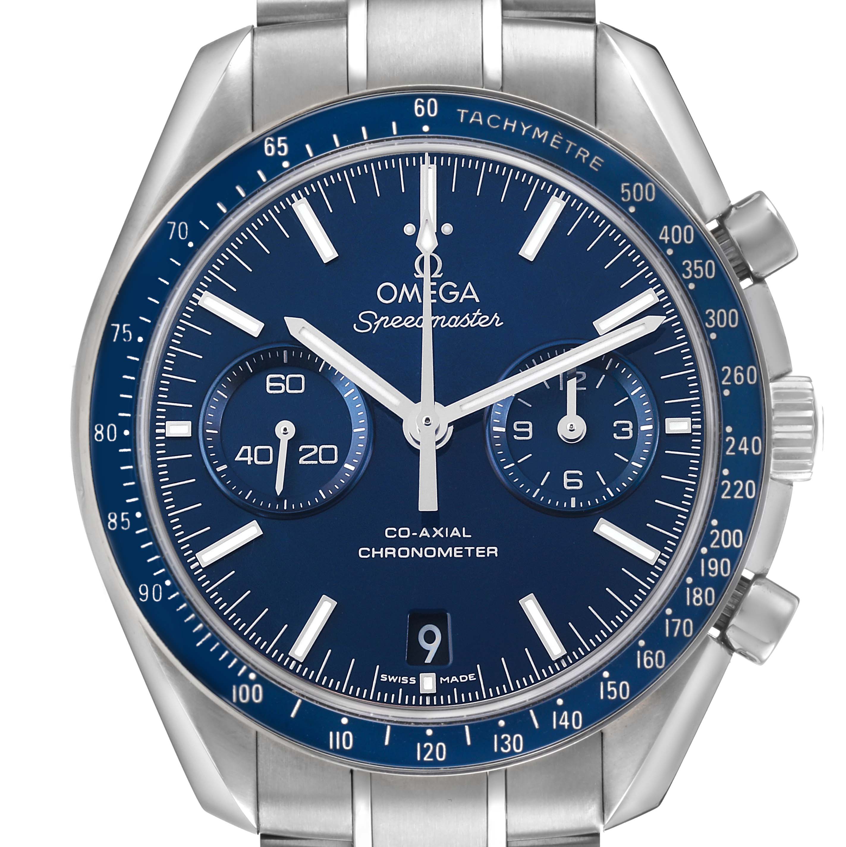The Omega Speedmaster 311.90.44.51.03.001 Men's Titanium Blue Dial watch is shown from the front, highlighting its blue dial, subdials, tachymeter, and date window.