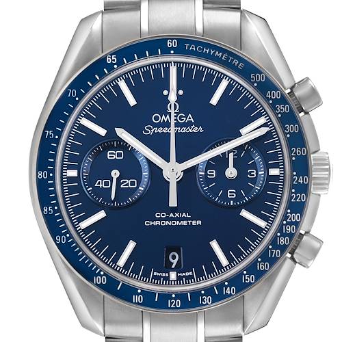 The Omega Speedmaster 311.90.44.51.03.001 Men's Titanium Blue Dial watch is shown from a front angle, displaying the dial, bezel, and part of the bracelet.