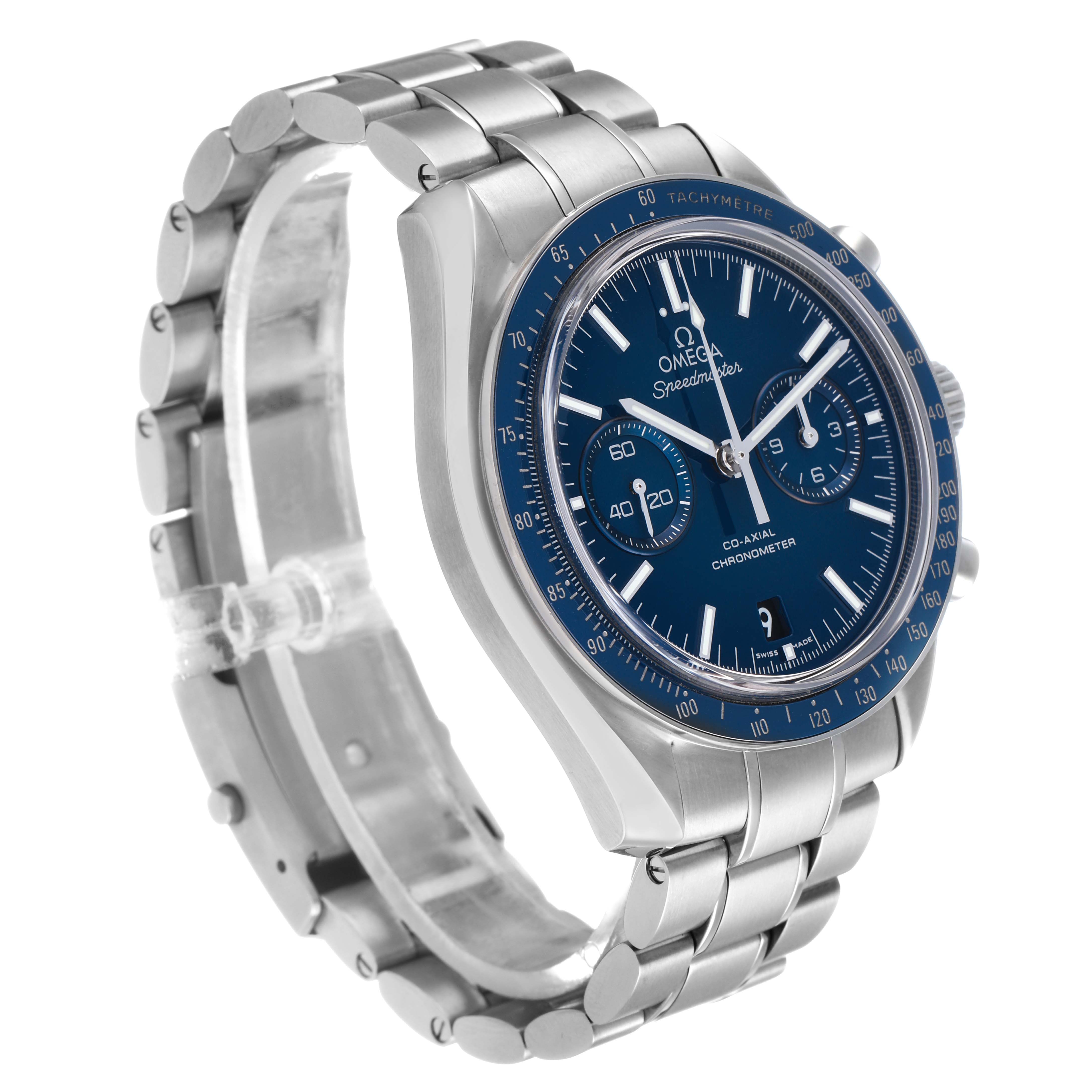 The Omega Speedmaster 311.90.44.51.03.001 Men's Titanium Blue Dial watch is shown at a three-quarter angle, highlighting the blue dial, tachymeter bezel, and stainless steel bracelet.
