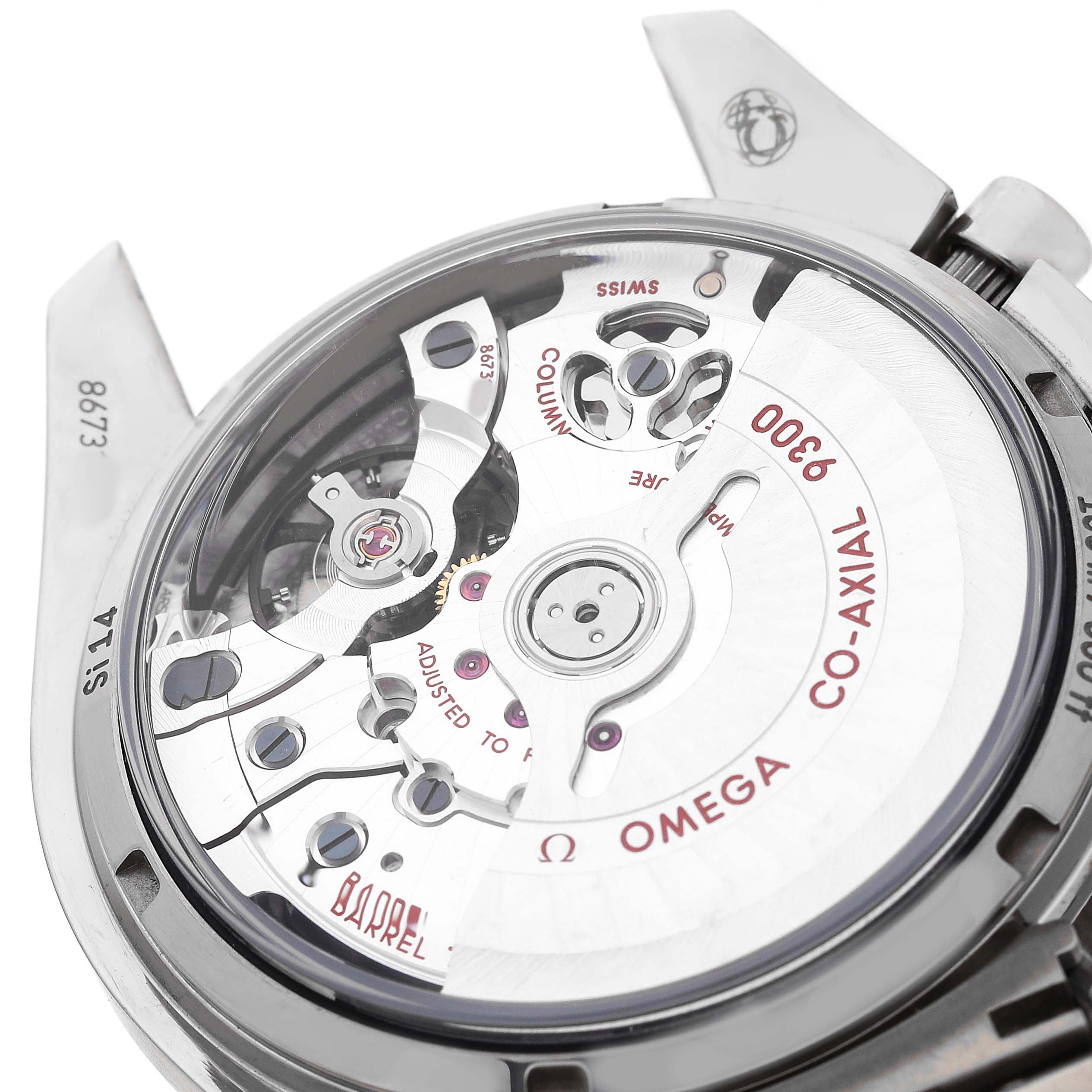 The image shows the Omega Speedmaster 311.90.44.51.03.001 Men's Titanium Blue Dial's case back, highlighting the Co-Axial movement and intricate mechanics from a rear angle.