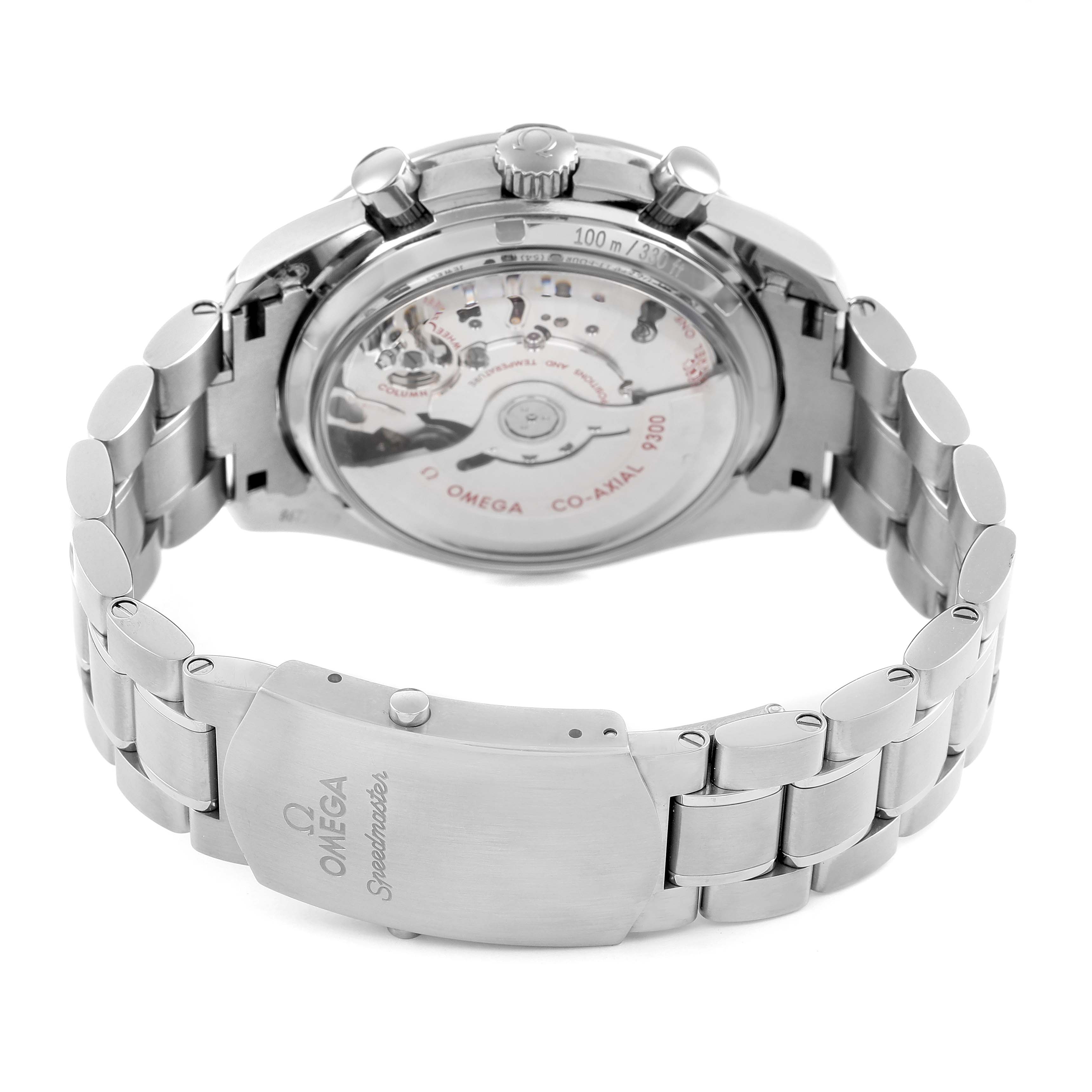 The image shows the back and clasp of an Omega Speedmaster 311.90.44.51.03.001 Men's Titanium Blue Dial watch, highlighting the movement and stainless steel bracelet.