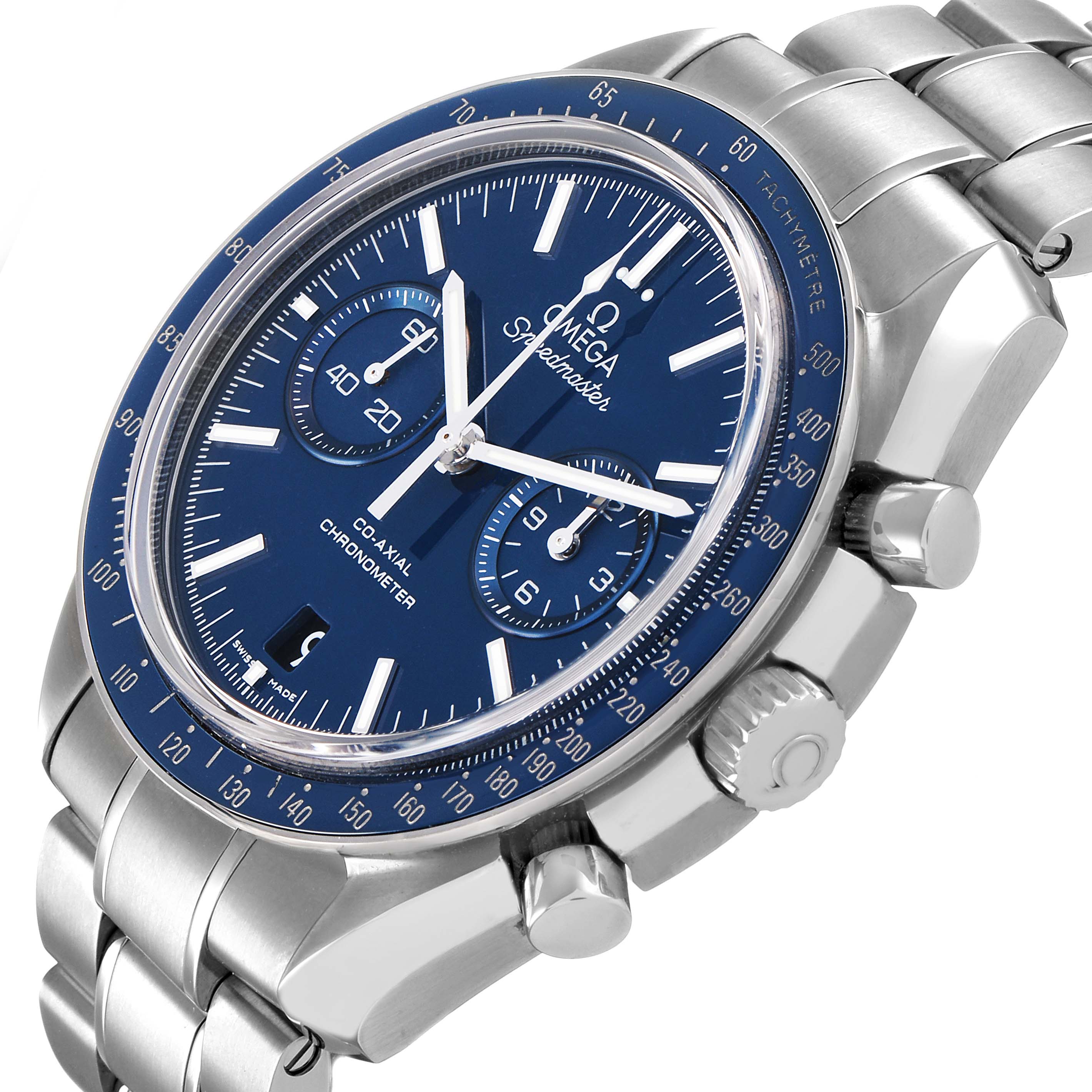 The Omega Speedmaster 311.90.44.51.03.001 Men's Titanium Blue Dial watch is shown from a front-left angle, highlighting the face, bezel, crown, pushers, and bracelet.