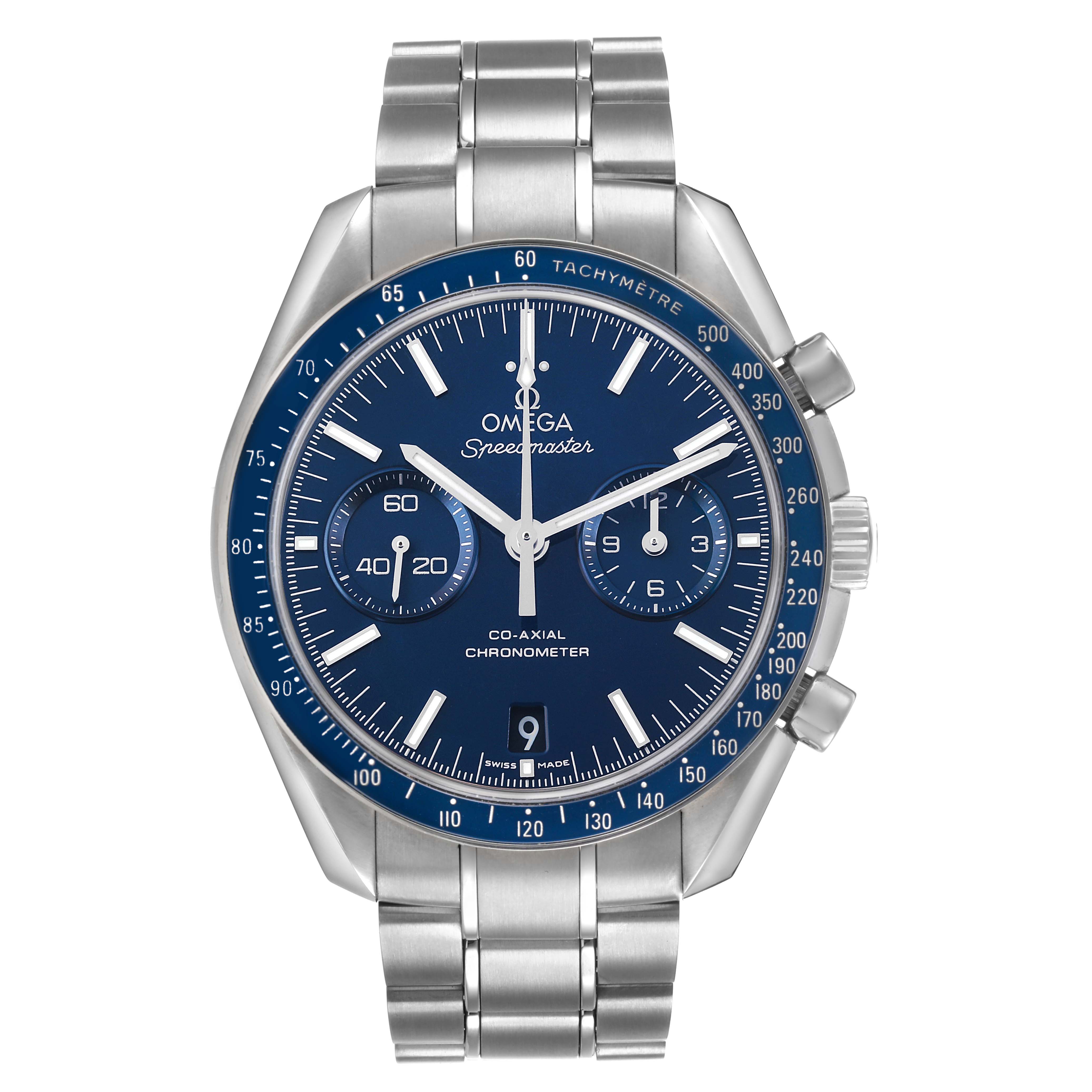 The Omega Speedmaster 311.90.44.51.03.001 Men's Titanium Blue Dial watch is shown from the front, displaying its blue dial, subdials, tachymeter bezel, and stainless steel bracelet.