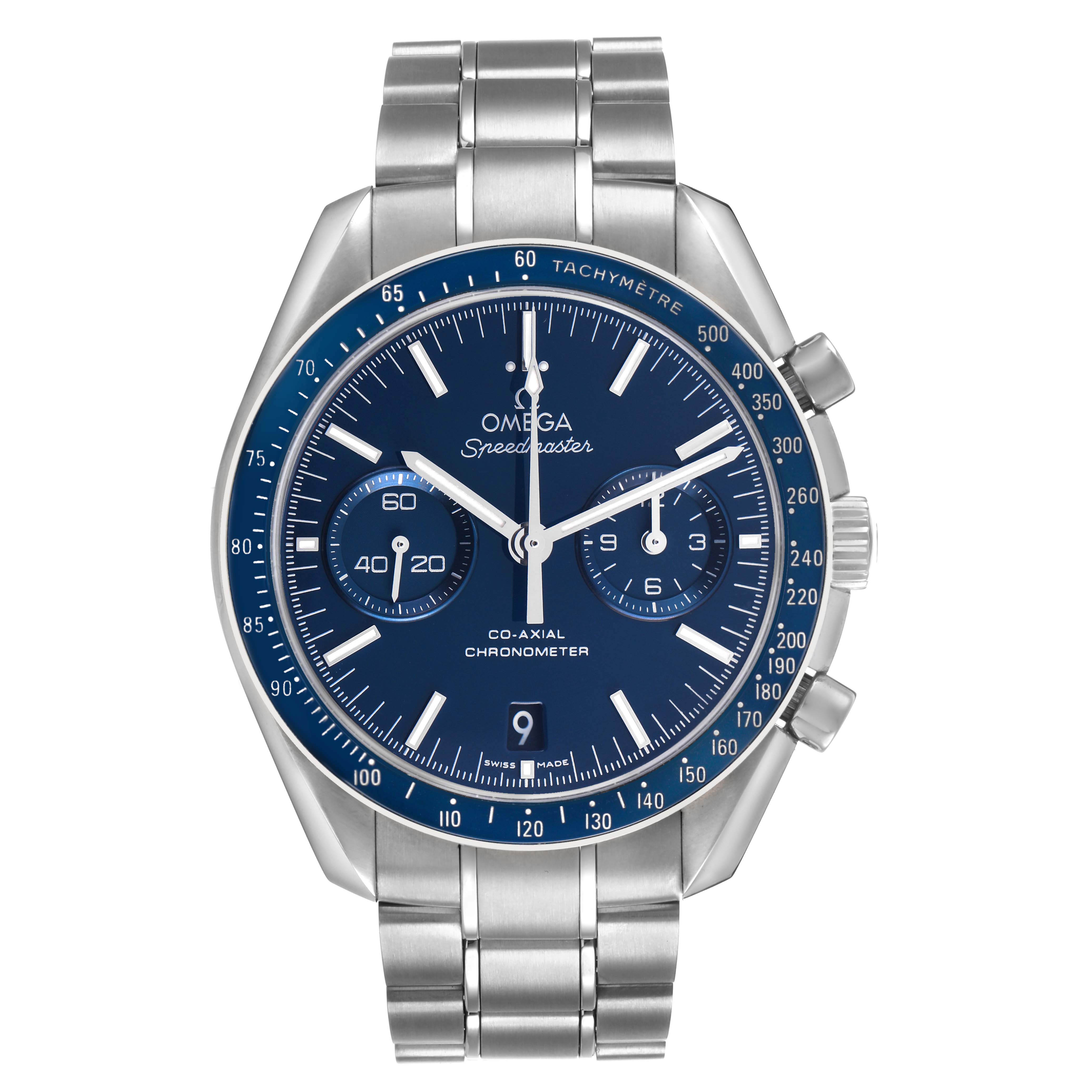 The Omega Speedmaster 311.90.44.51.03.001 Men's Titanium Blue Dial watch is shown from the front, displaying the dial, subdials, tachymeter, and stainless steel bracelet.