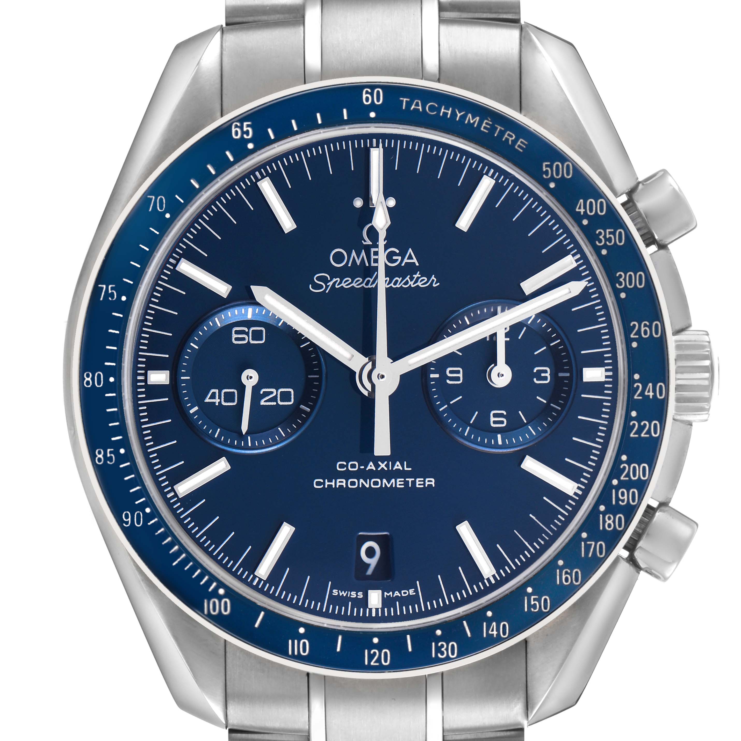 The Omega Speedmaster 311.90.44.51.03.001 Men's Titanium Blue Dial watch is shown from a front angle, displaying the dial, bezel, and metal strap.