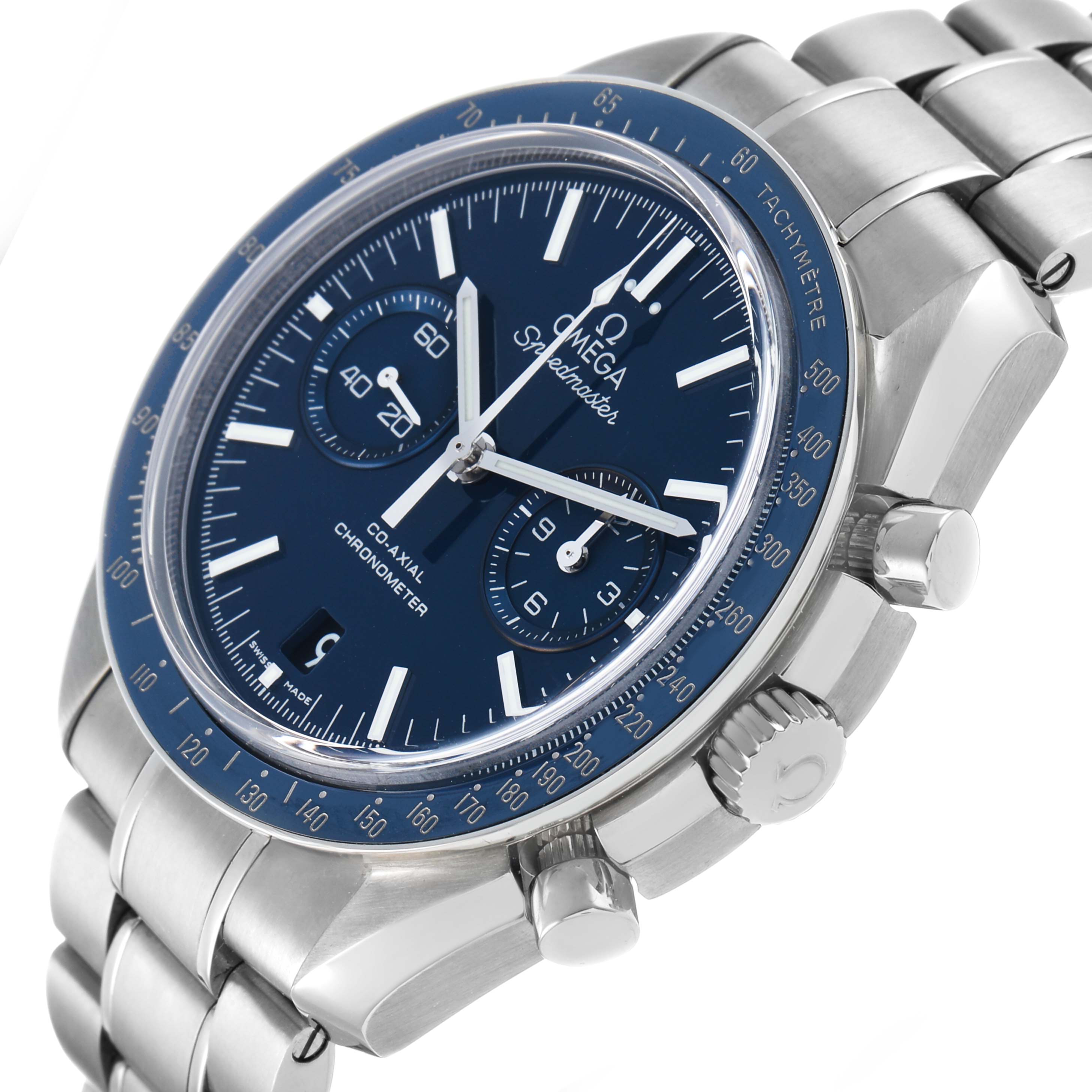The Omega Speedmaster 311.90.44.51.03.001 Men's Titanium Blue Dial watch is shown at a slight angle, highlighting the dial, bezel, and bracelet.