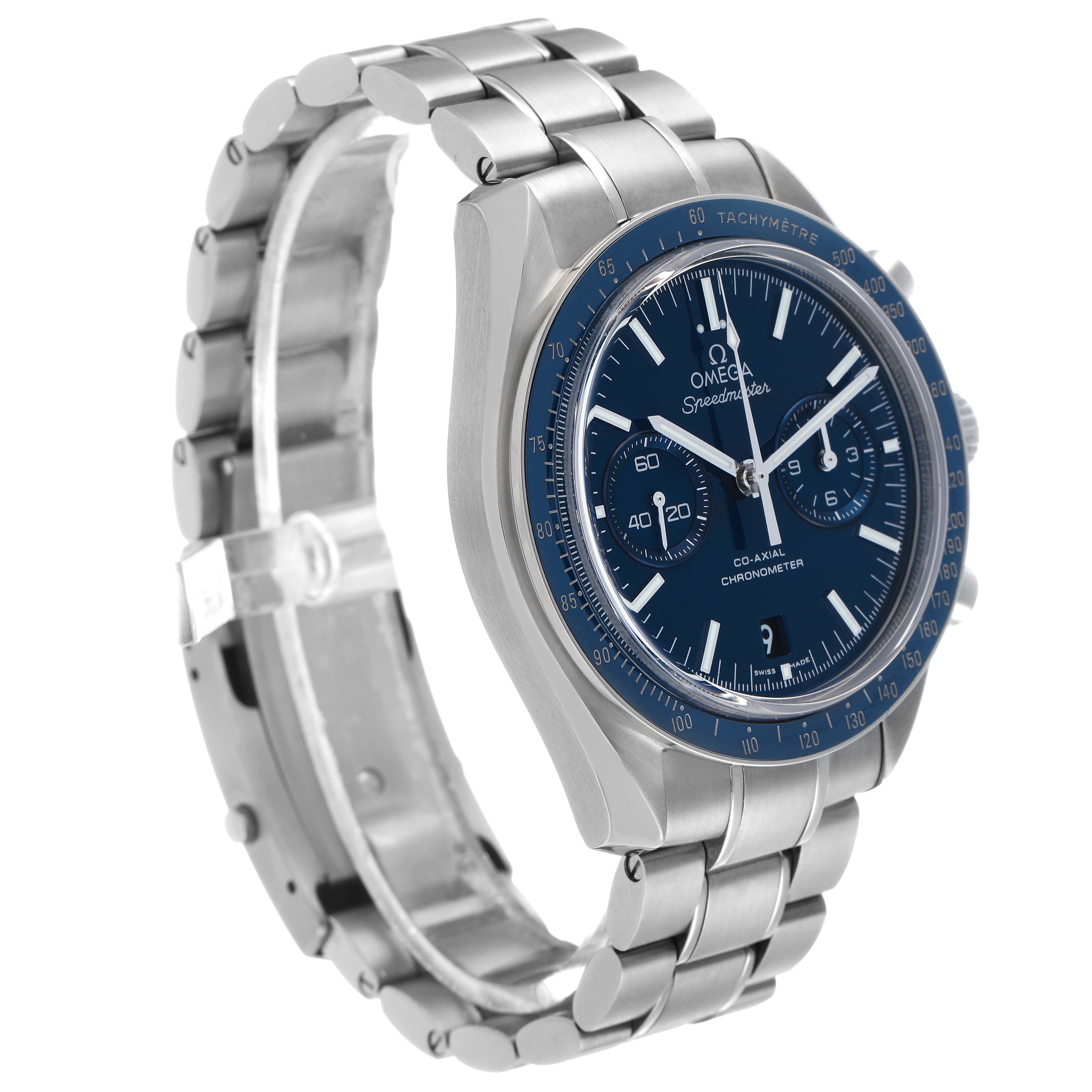 The Omega Speedmaster 311.90.44.51.03.001 Men's Titanium Blue Dial watch is shown at a three-quarter angle, highlighting the face, bezel, and metal bracelet.