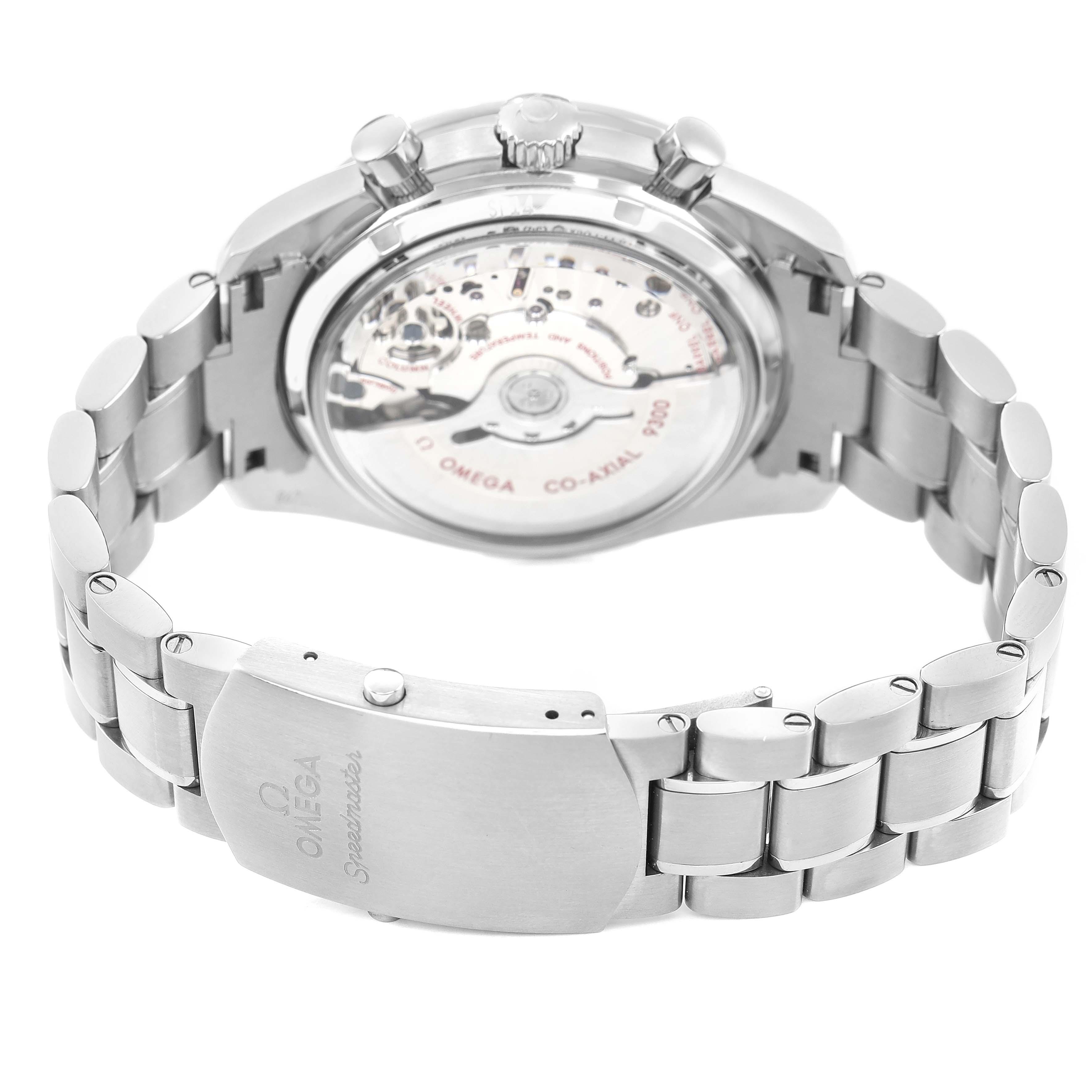 The Omega Speedmaster 311.90.44.51.03.001 Men's Titanium Blue Dial watch is shown from the back, displaying the movement through a transparent case and its metal bracelet.