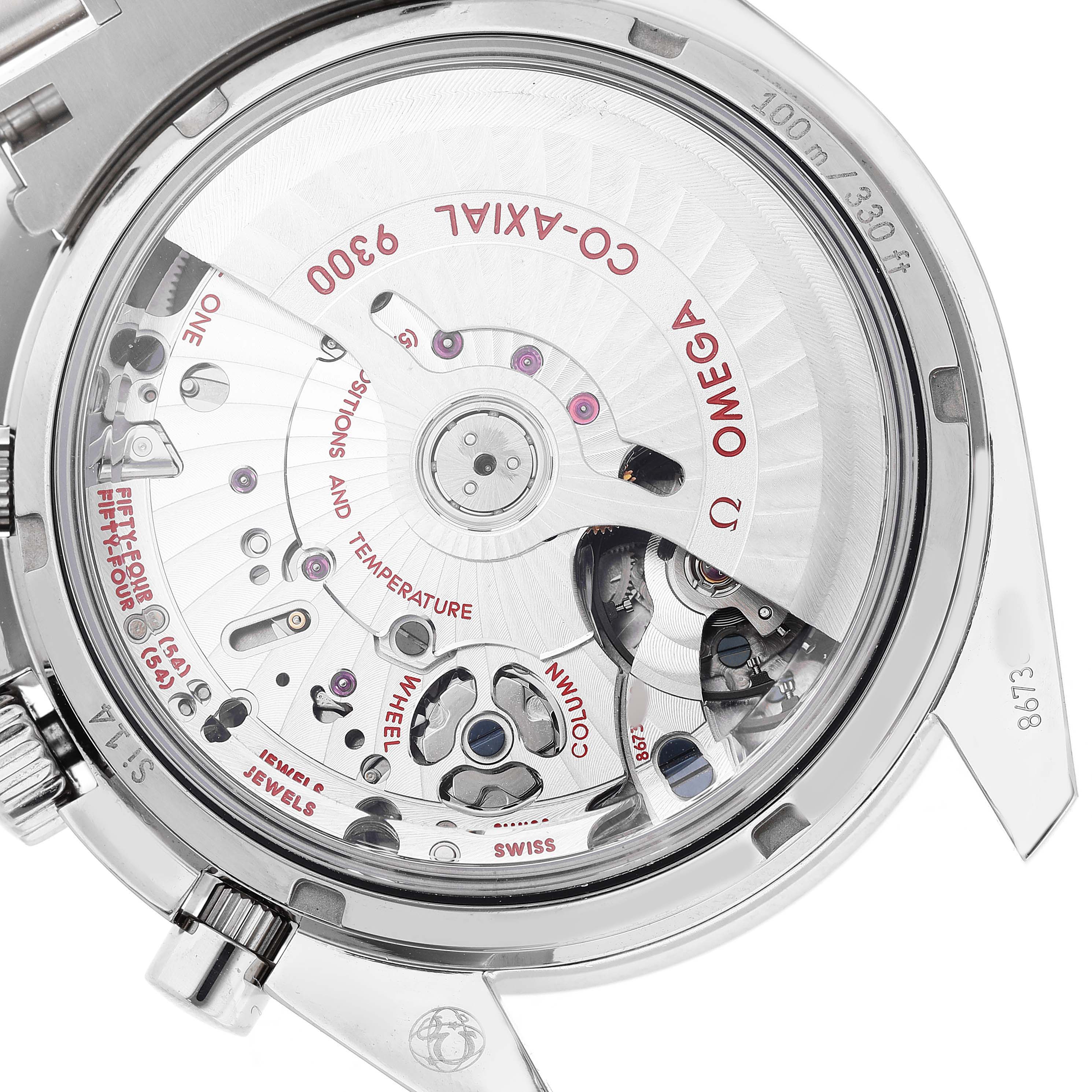 The image shows the back view of an Omega Speedmaster 311.90.44.51.03.001 Men's Titanium Blue Dial, revealing its intricate Co-Axial 9300 movement.