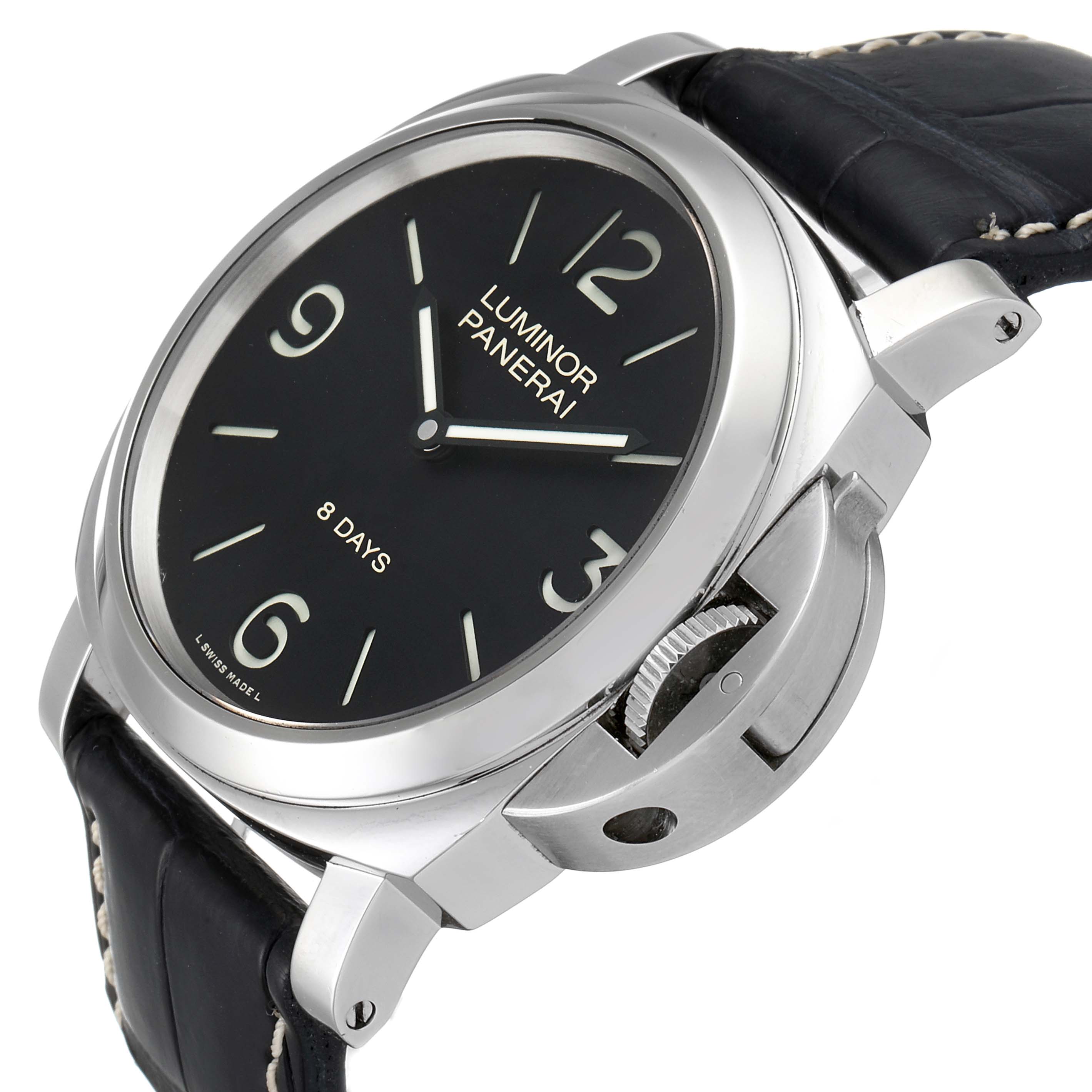 The Panerai Luminor PAM00560 Men
s Stainless Steel Black Dial PAM00560 Men
s Stainless Steel Black Dial watch is shown in a close-up side view highlighting the dial, case, crown guard, and part of the leather strap.