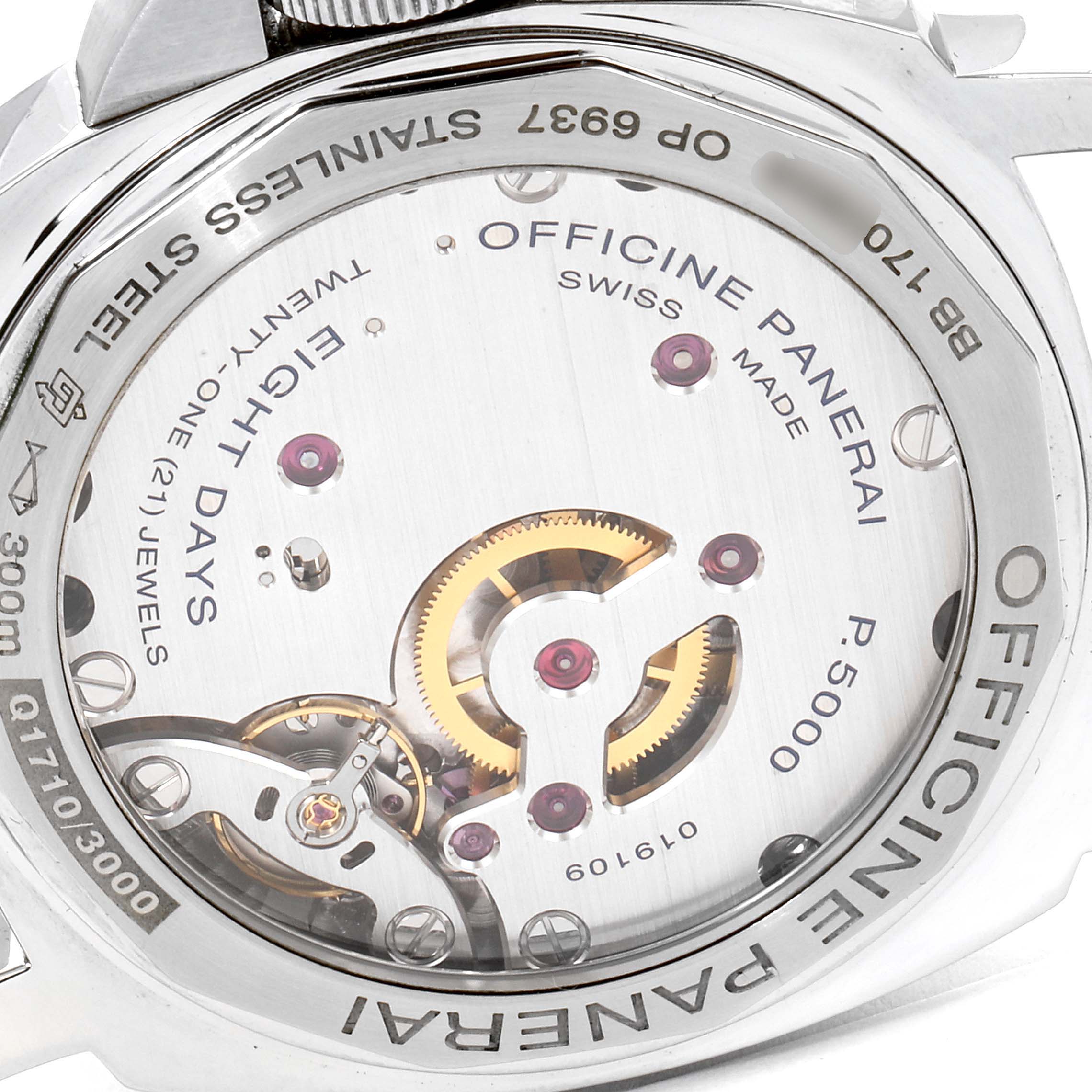 This image shows the back of a Panerai Luminor PAM00560 Men
s Stainless Steel Black Dial PAM00560 Men
s Stainless Steel Black Dial watch, highlighting its internal movement and inscriptions.