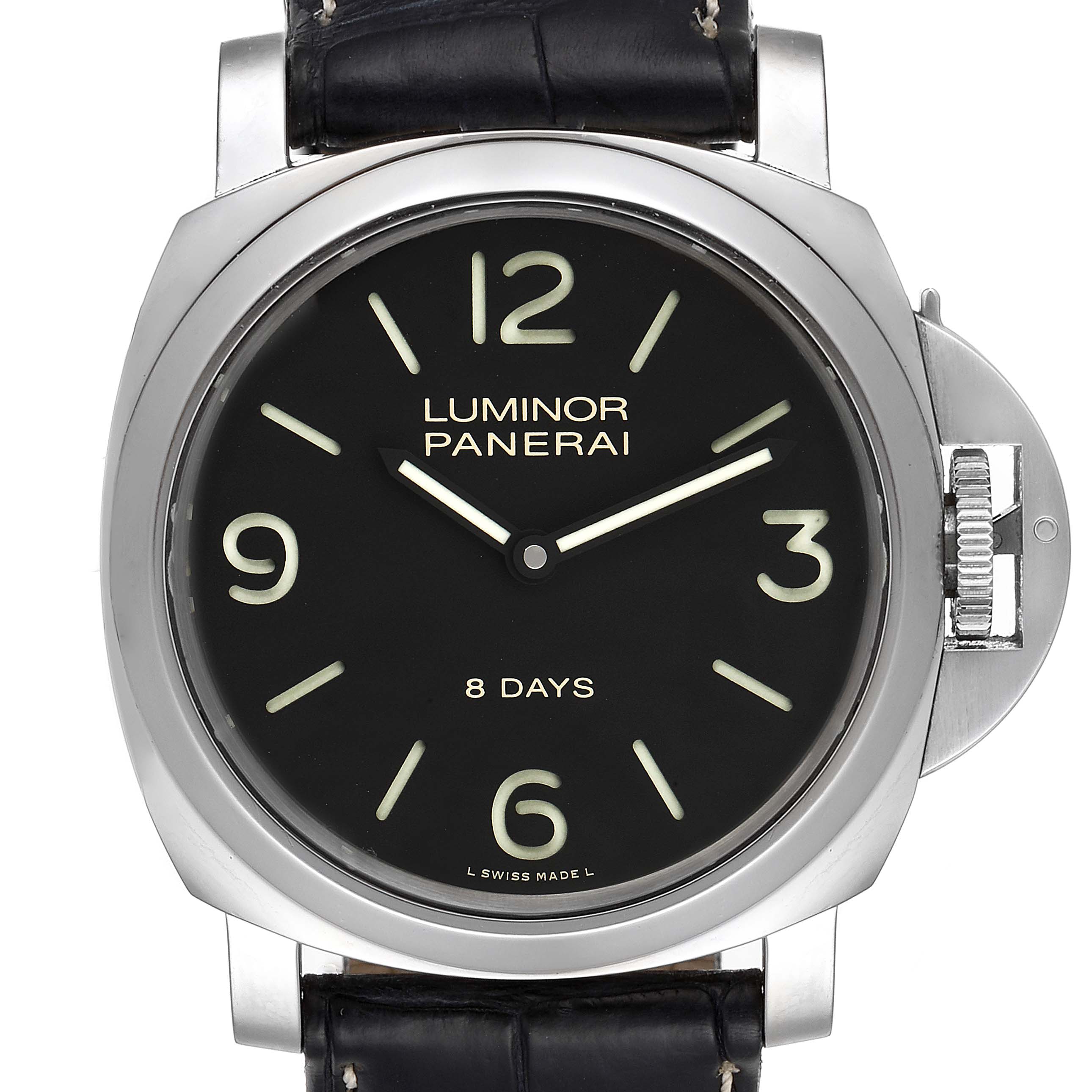 This image shows a front view of a Panerai Luminor PAM00560 Men
s Stainless Steel Black Dial PAM00560 Men
s Stainless Steel Black Dial watch, highlighting its dial, bezel, and crown guard.