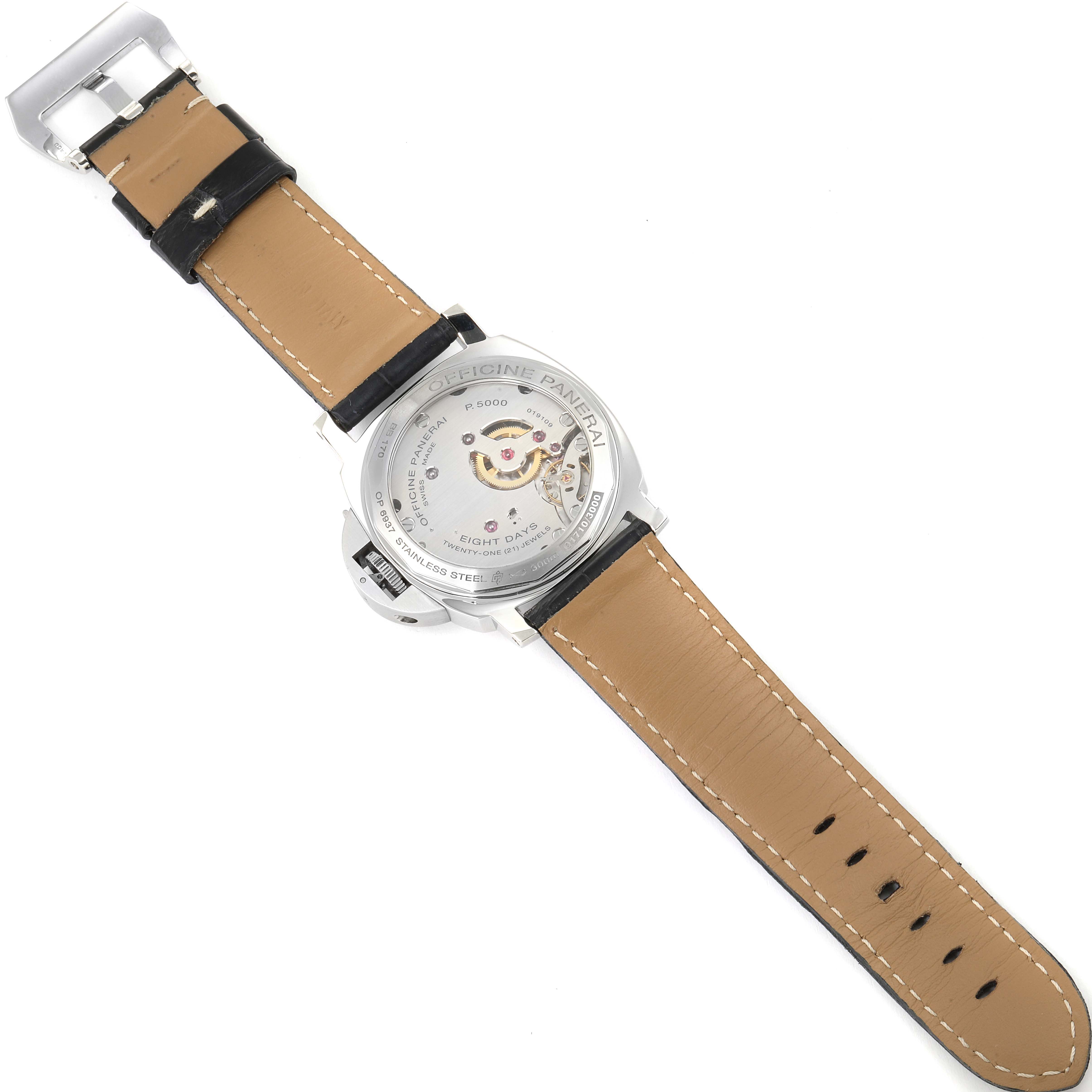 The image shows the back and strap of the Panerai Luminor PAM00560 Men
s Stainless Steel Black Dial PAM00560 Men
s Stainless Steel Black Dial watch, highlighting the movement and the buckle.