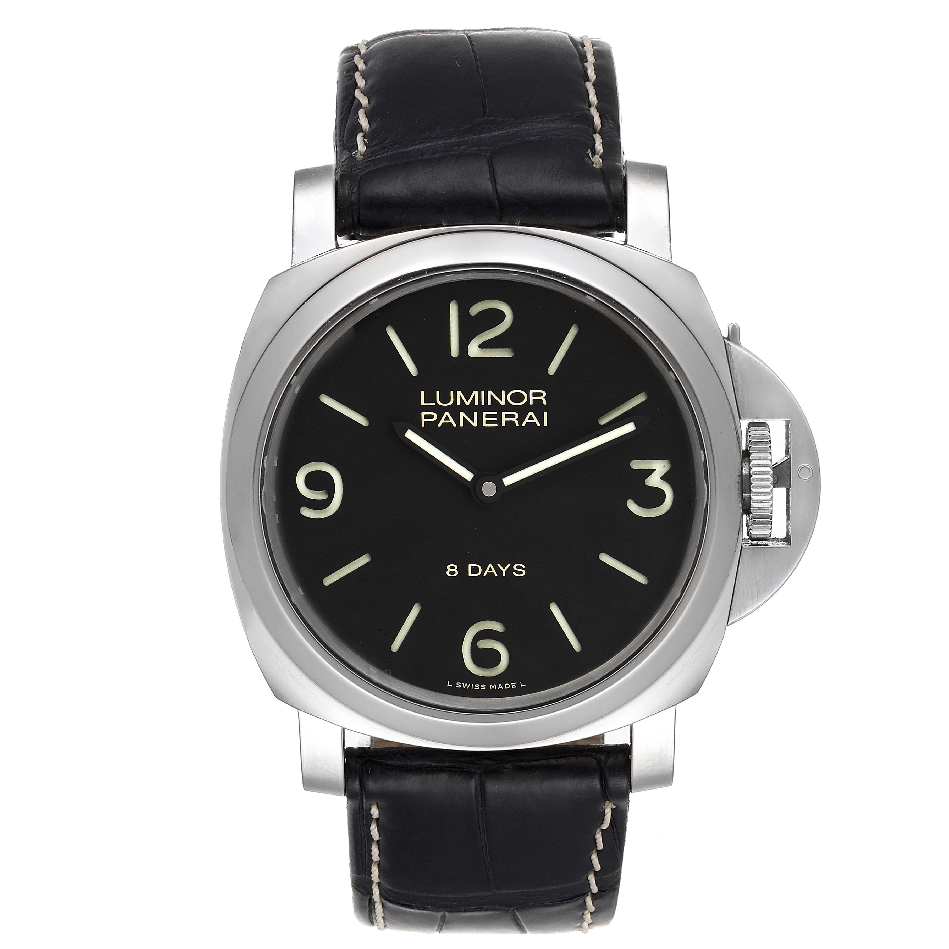 This image shows a front view of a Panerai Luminor PAM00560 Men
s Stainless Steel Black Dial PAM00560 Men
s Stainless Steel Black Dial watch, highlighting its black dial and leather strap.