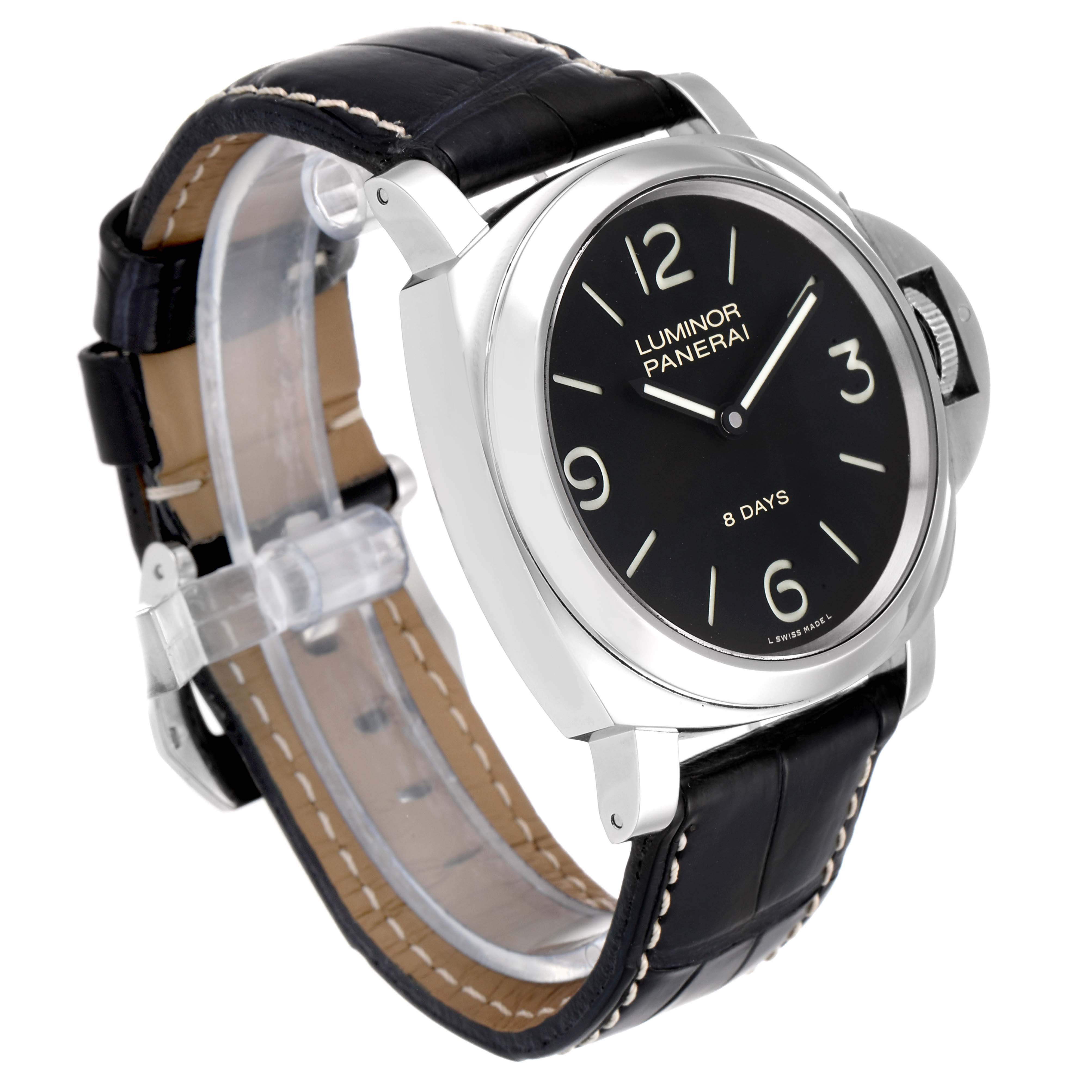 This image shows the Panerai Luminor PAM00560 Men
s Stainless Steel Black Dial PAM00560 Men
s Stainless Steel Black Dial watch, angled to display the face, case, and strap.