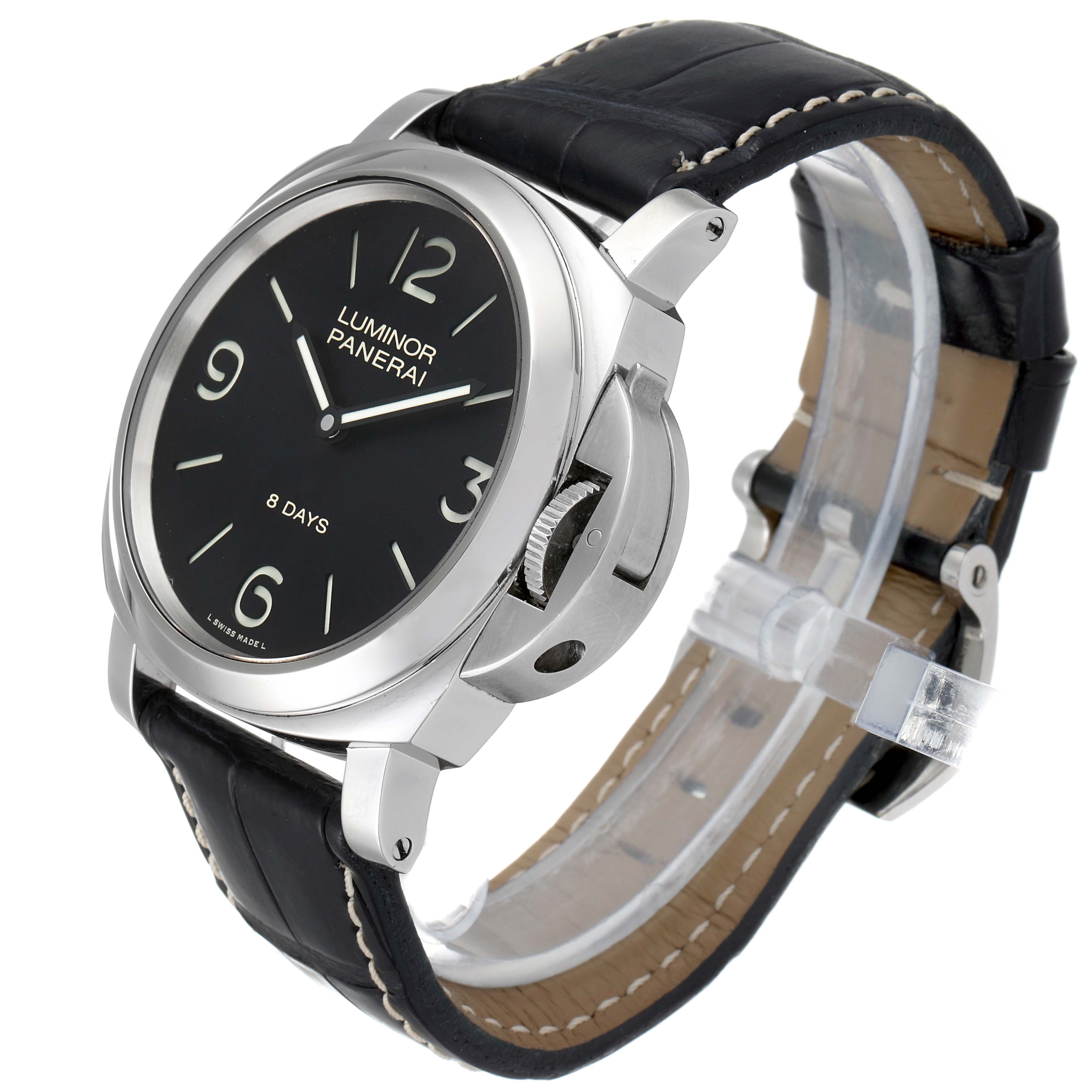 The image shows a Panerai Luminor PAM00560 Men
s Stainless Steel Black Dial PAM00560 Men
s Stainless Steel Black Dial watch at an angled side view, highlighting the black dial, crown guard, and leather strap.