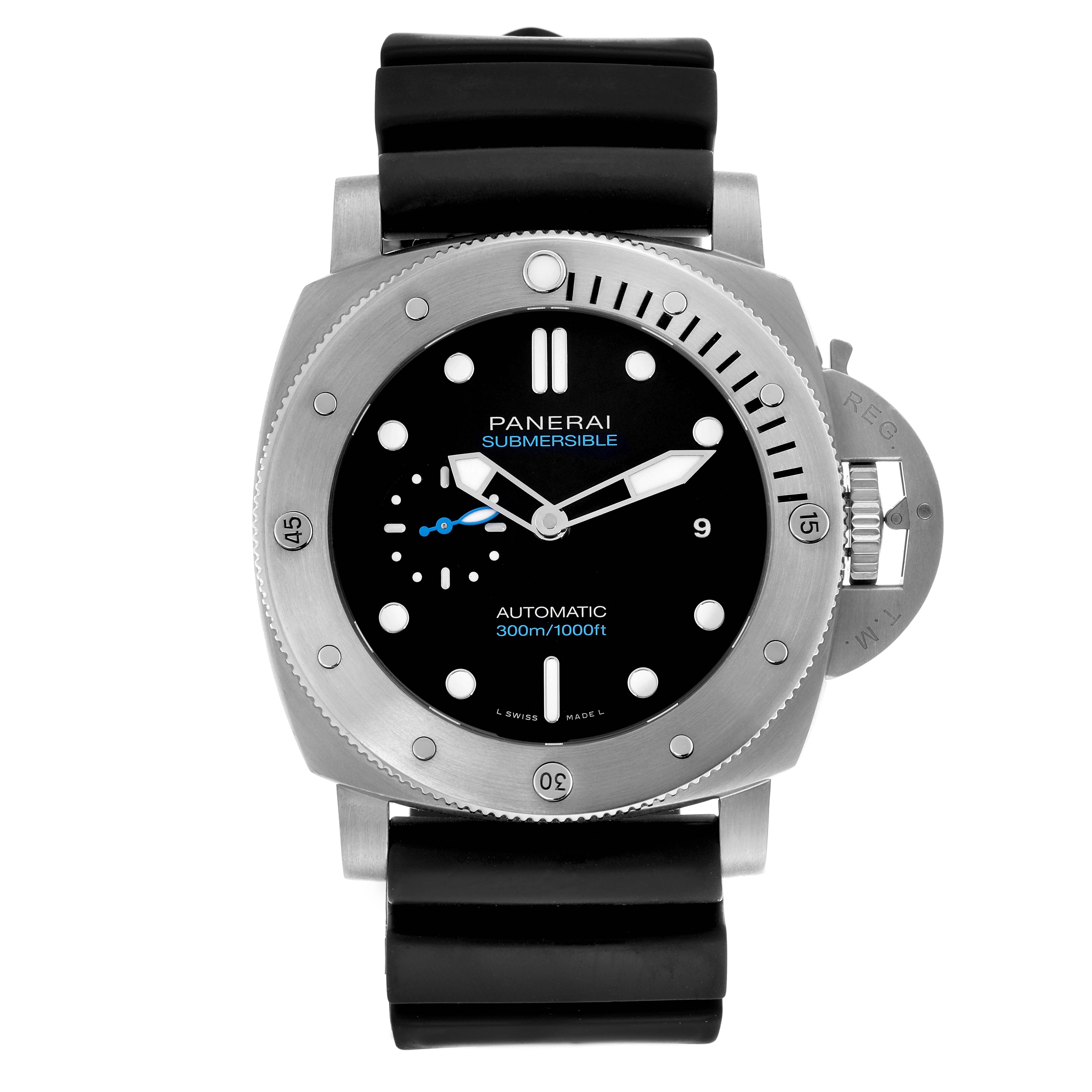 The Panerai Luminor PAM01305 Men
s Stainless Steel Black Dial PAM01305 Men
s Stainless Steel Black Dial watch is shown from the front, displaying the bezel, crown guard, and strap clearly.