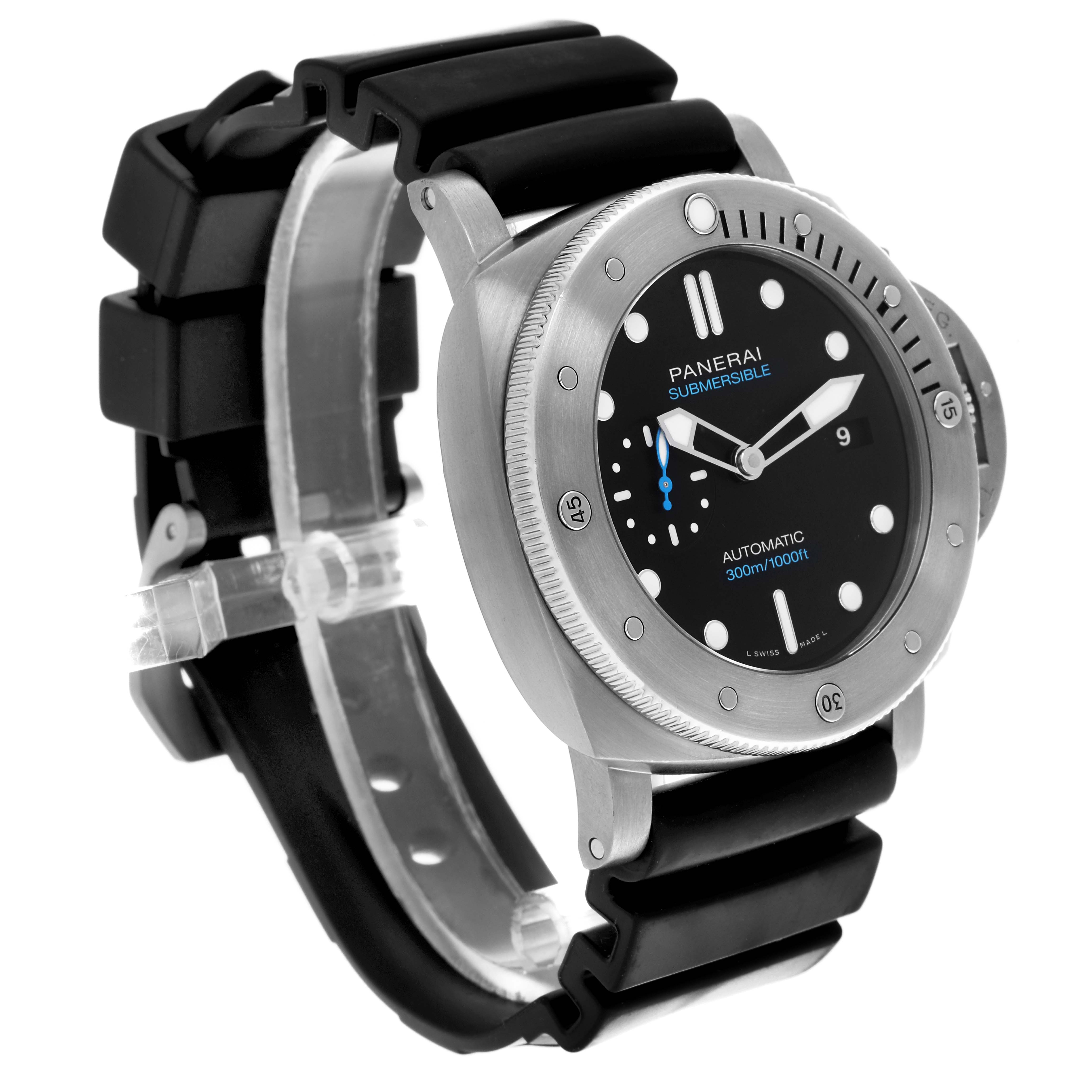 The Panerai Luminor PAM01305 Men
s Stainless Steel Black Dial PAM01305 Men
s Stainless Steel Black Dial watch is shown from a front-side angle, featuring the dial, bezel, lugs, and rubber strap.