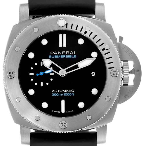 The Panerai Luminor model is shown from the front, displaying the dial, hands, bezel, and crown protector.