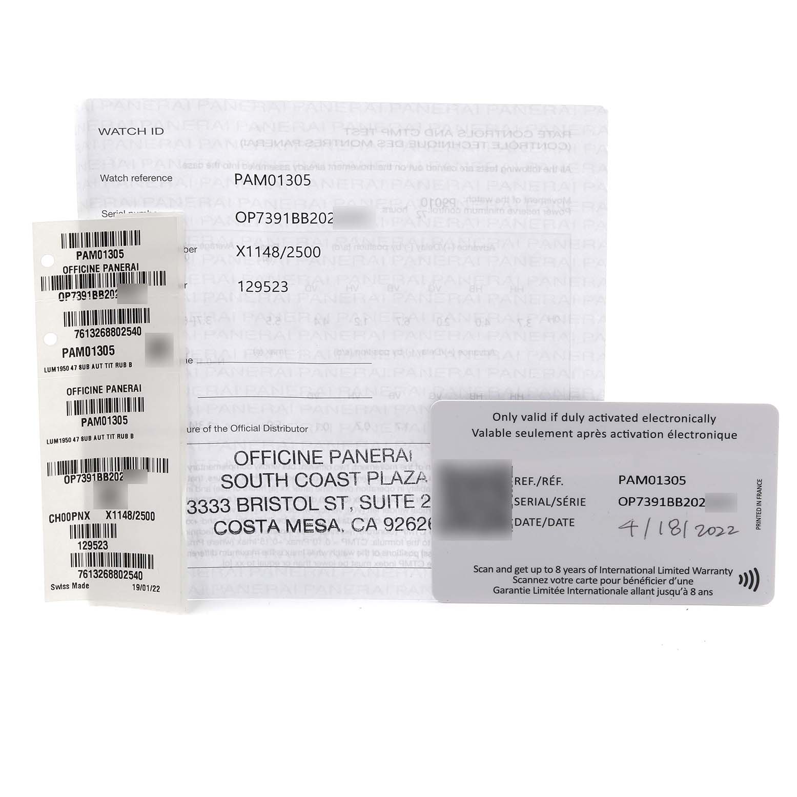 The image shows documentation and labels for a Panerai Luminor PAM01305 Men
s Stainless Steel Black Dial PAM01305 Men
s Stainless Steel Black Dial watch, including a warranty card and certificate of Best Quality
ity.