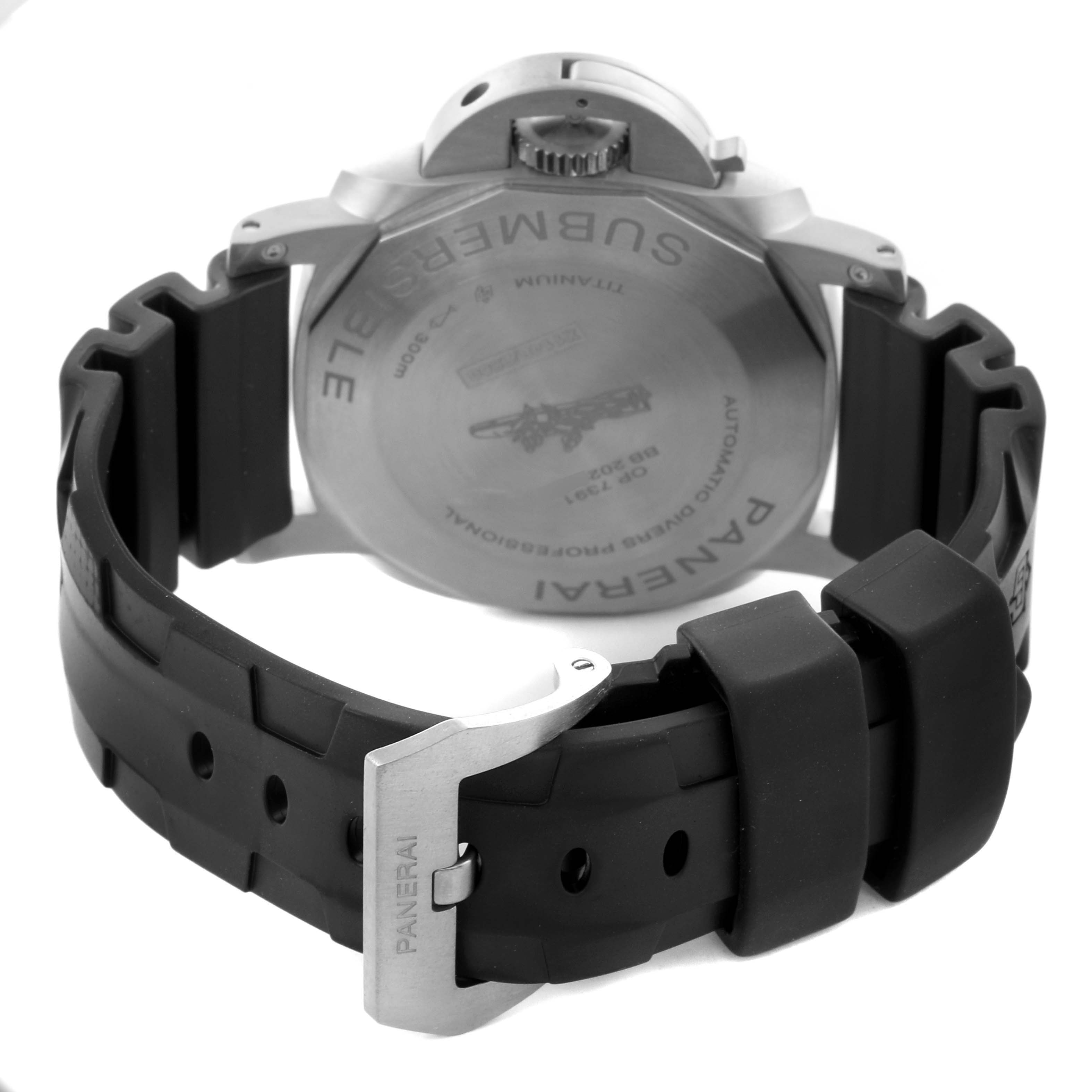 The image shows the back view of the Panerai Luminor PAM01305 Men
s Stainless Steel Black Dial PAM01305 Men
s Stainless Steel Black Dial watch, highlighting the case back and rubber strap.