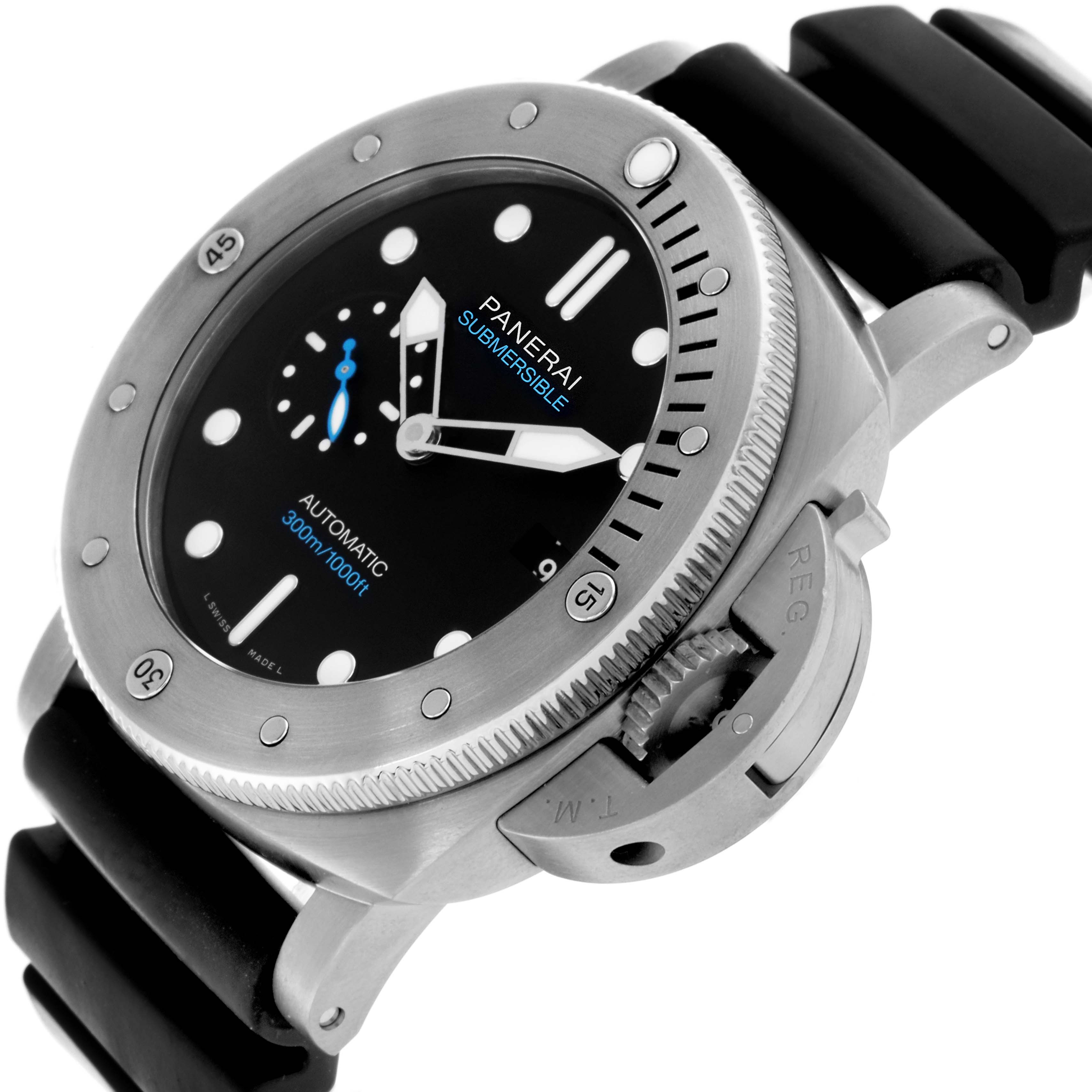 The Panerai Luminor PAM01305 Men
s Stainless Steel Black Dial PAM01305 Men
s Stainless Steel Black Dial watch is shown at an angle highlighting the dial, bezel, and crown guard.