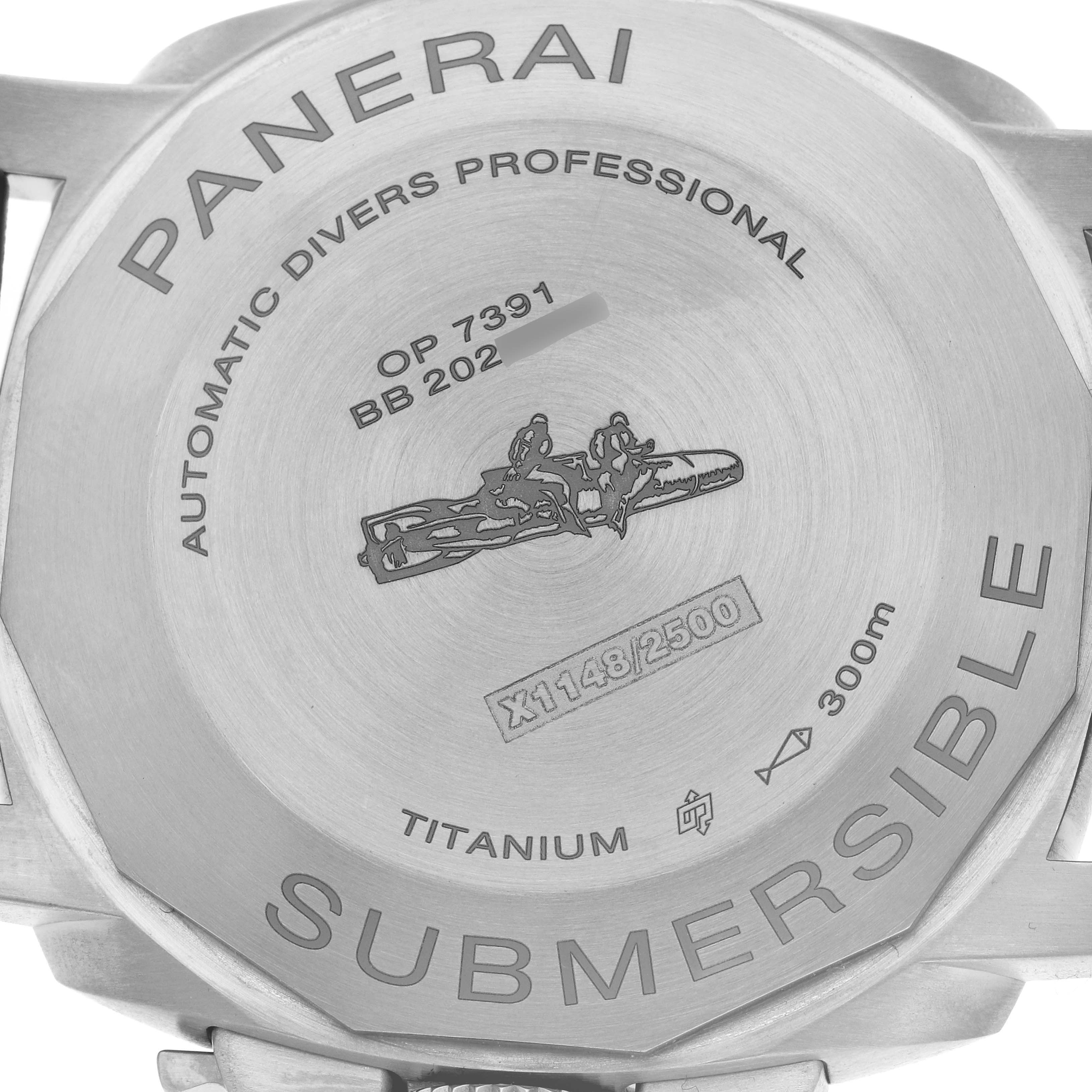 The image shows the case back of a Panerai Luminor PAM01305 Men
s Stainless Steel Black Dial PAM01305 Men
s Stainless Steel Black Dial Submersible watch, highlighting engraved details and branding.