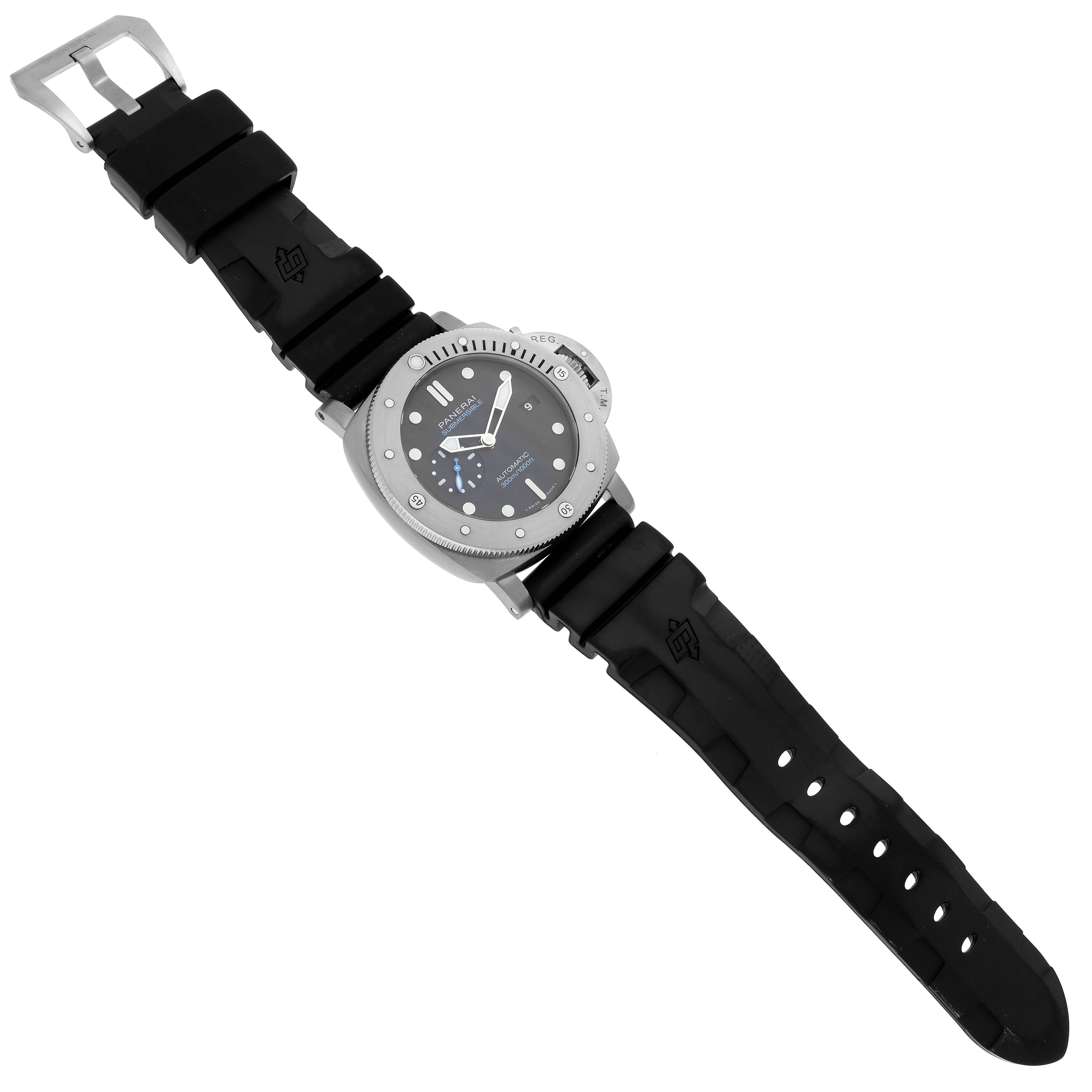 The Panerai Luminor PAM01305 Men
s Stainless Steel Black Dial PAM01305 Men
s Stainless Steel Black Dial watch is shown from a top-down angle, featuring its face, bezel, and black rubber strap.