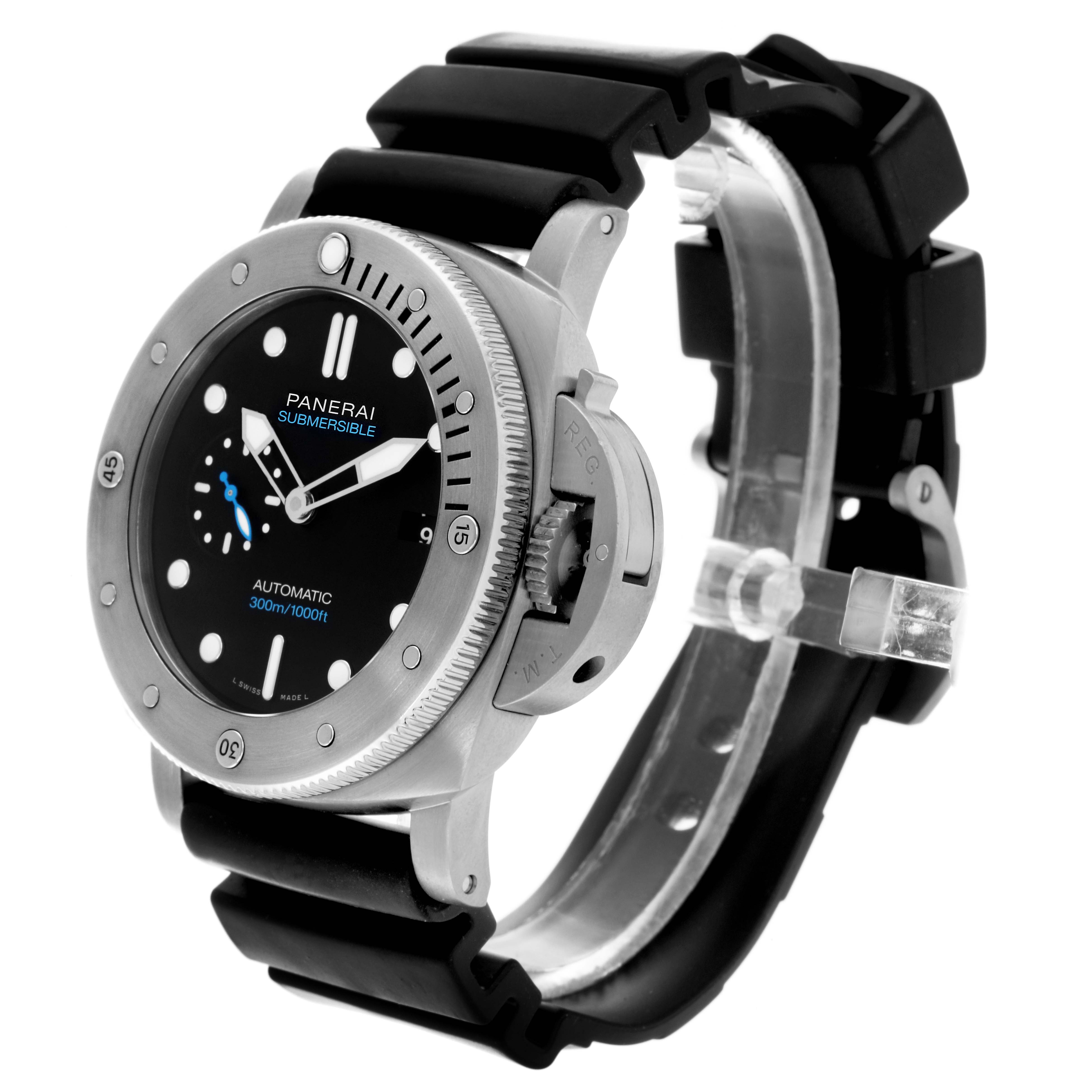 The Panerai Luminor PAM01305 Men
s Stainless Steel Black Dial PAM01305 Men
s Stainless Steel Black Dial model is shown at a three-quarter angle, highlighting the bezel, dial, crown guard, and rubber strap.