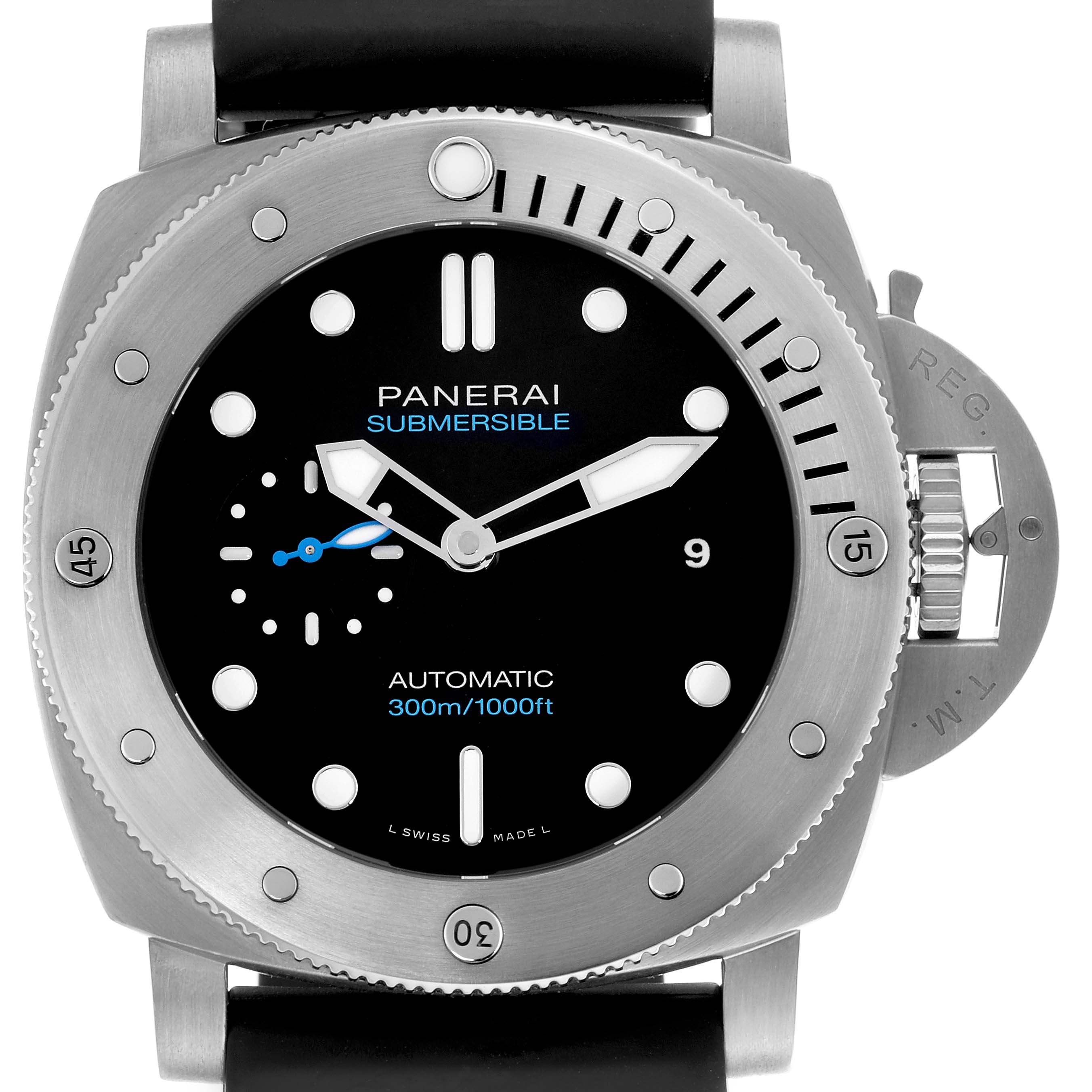 The image shows a front view of the Panerai Luminor PAM01305 Men
s Stainless Steel Black Dial PAM01305 Men
s Stainless Steel Black Dial watch, displaying its dial, bezel, and crown protection device.