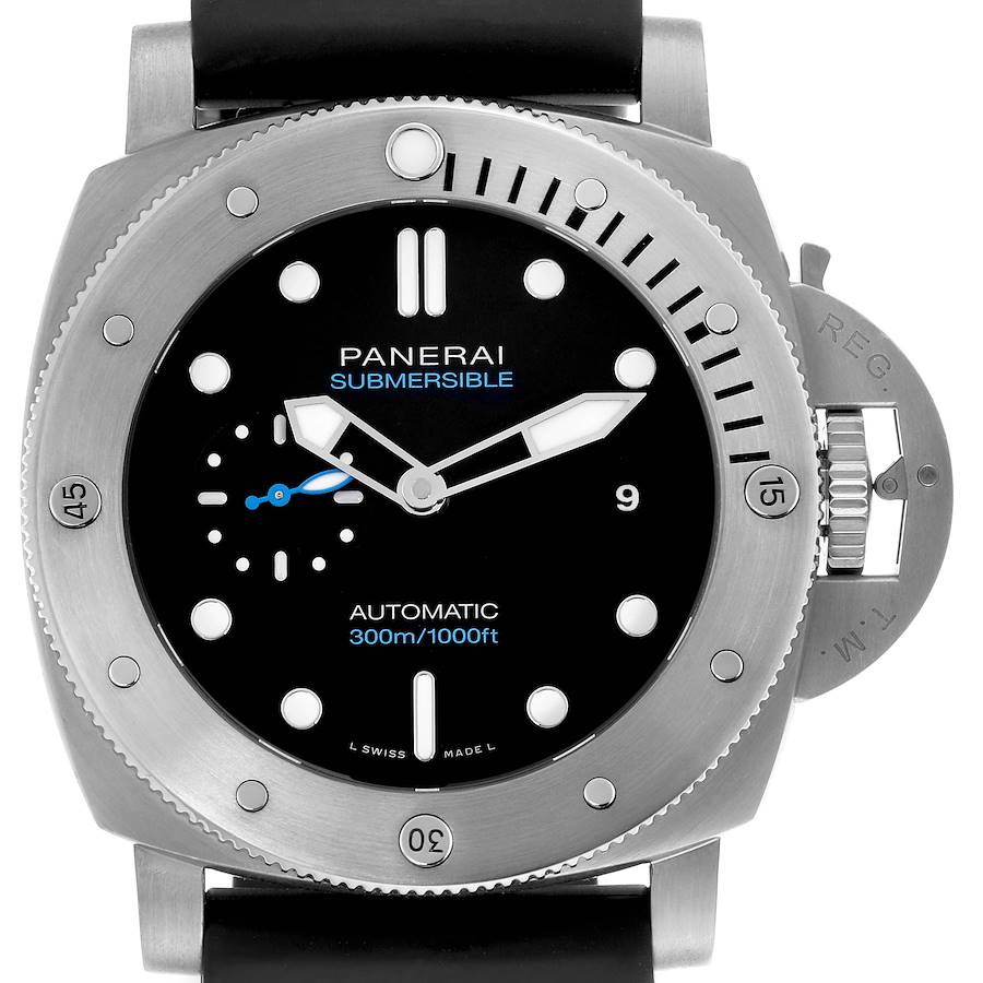 The image shows a front view of the Panerai Luminor watch, displaying its dial, bezel, and crown protection device.