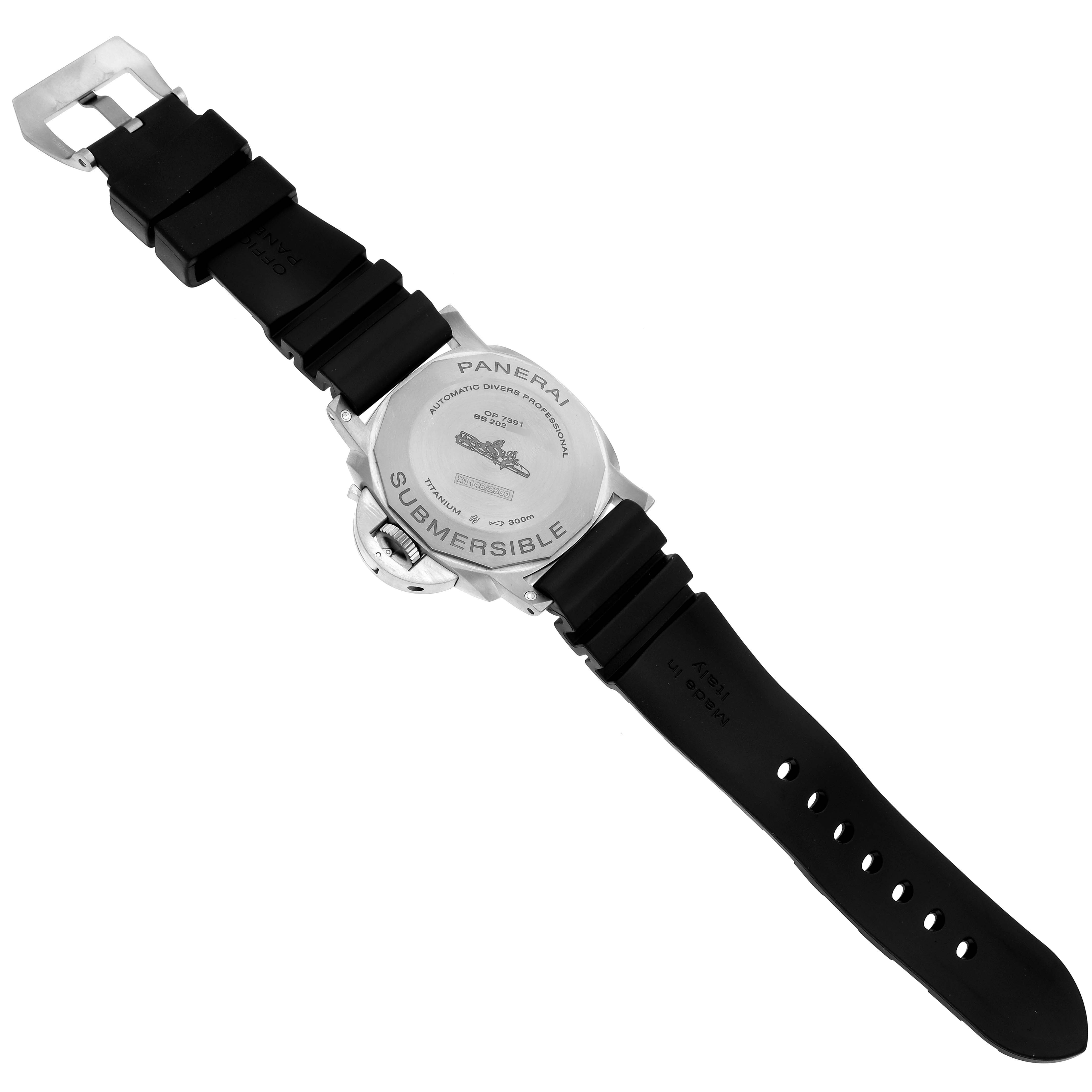 The image shows the back view of a Panerai Luminor PAM01305 Men
s Stainless Steel Black Dial PAM01305 Men
s Stainless Steel Black Dial watch, highlighting the case back and rubber strap.