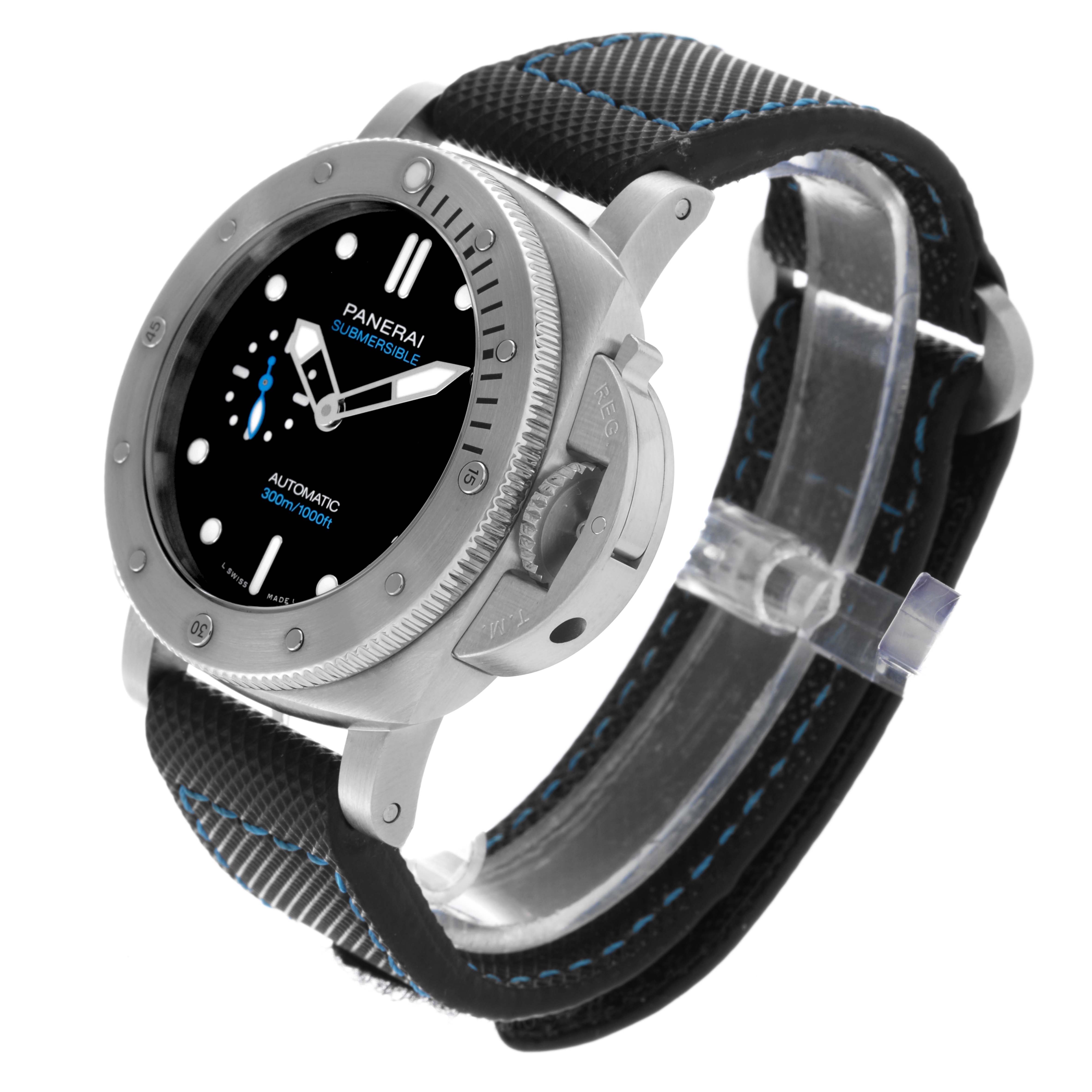 The Panerai Submersible PAM00973 Men's Stainless Steel Black Dial PAM00973 Men's Stainless Steel Black Dial watch is shown at an angled side view, highlighting the bezel, dial, crown guard, and strap.