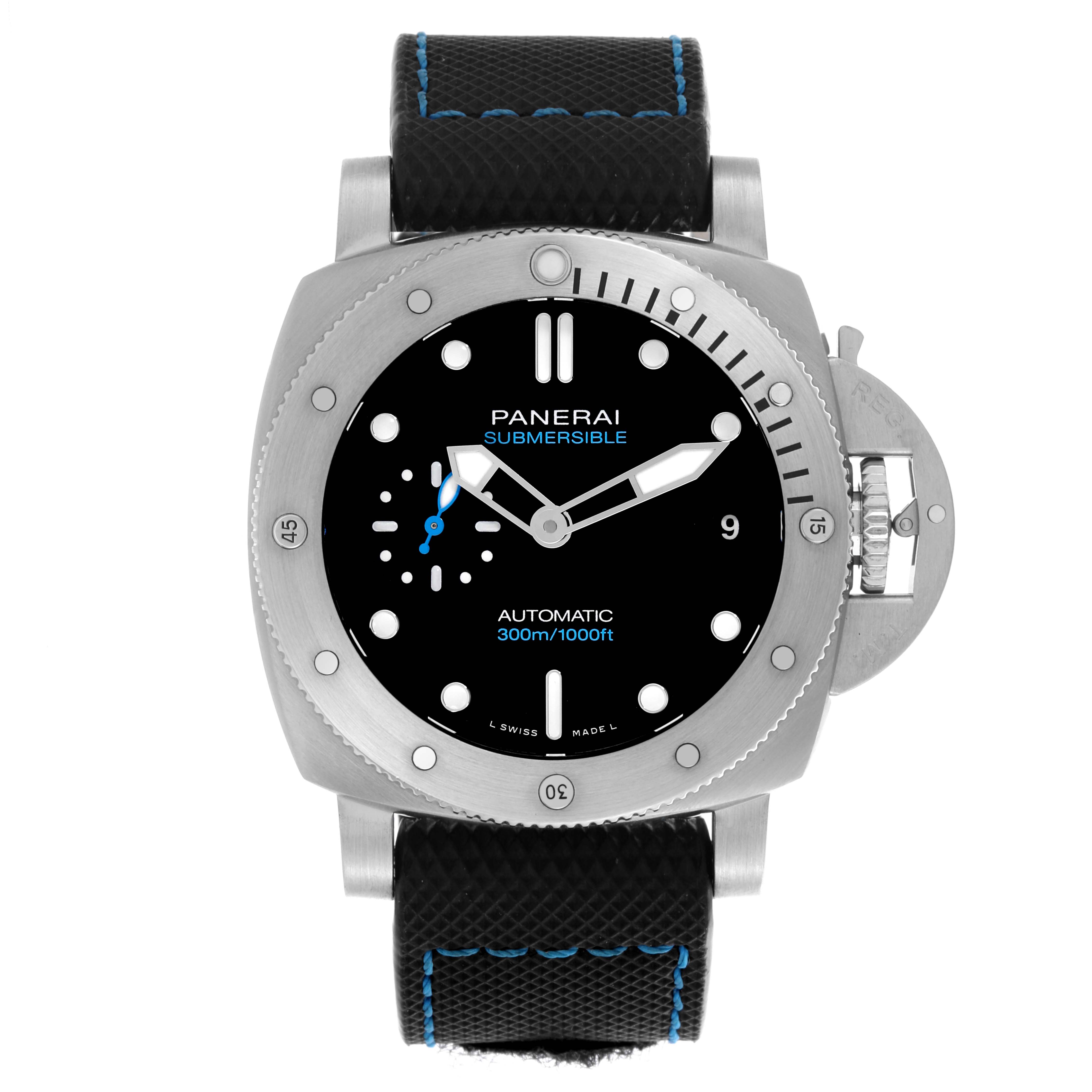 The image shows a front view of the Panerai Submersible PAM00973 Men's Stainless Steel Black Dial PAM00973 Men's Stainless Steel Black Dial watch, highlighting the dial, bezel, and strap.