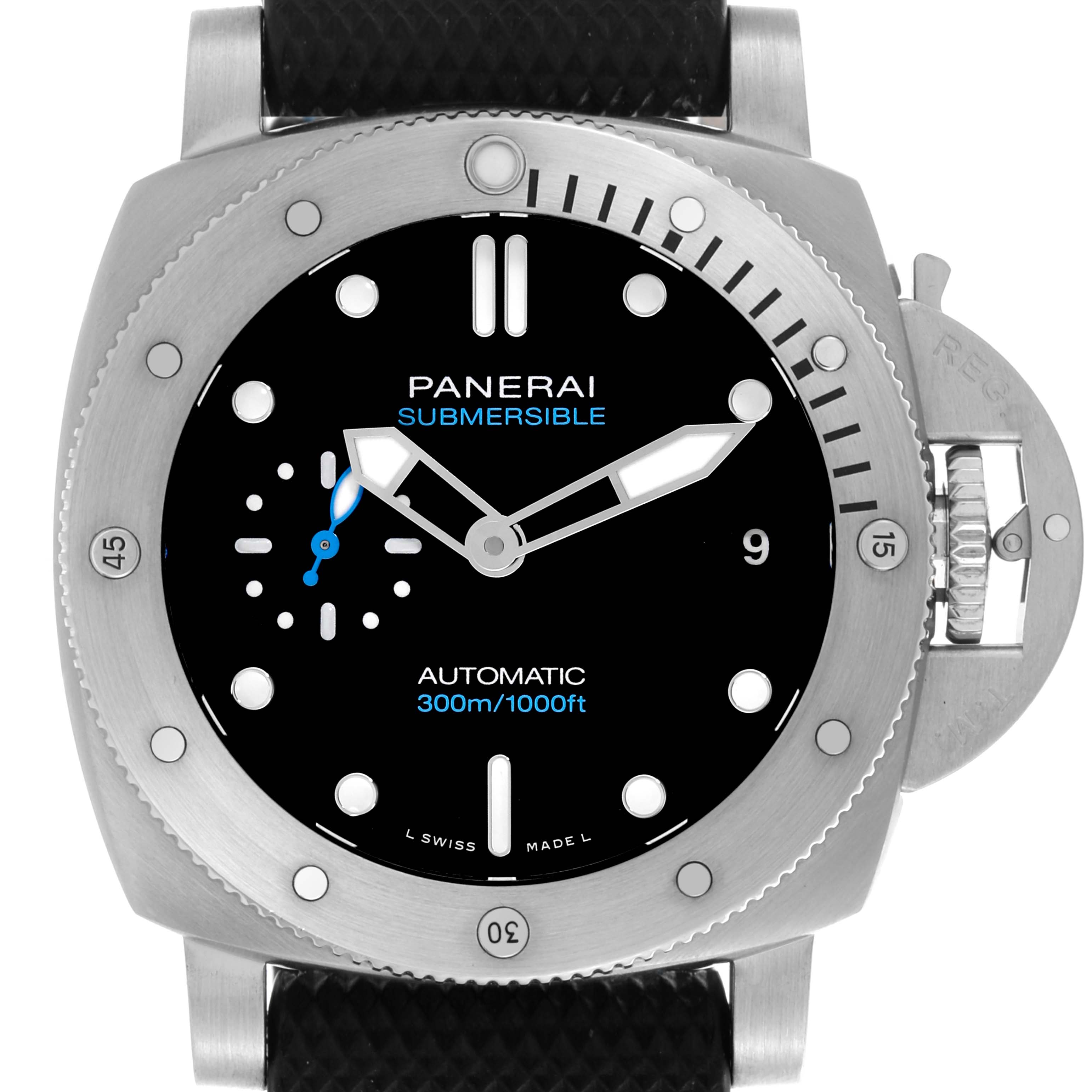 The Panerai Submersible PAM00973 Men's Stainless Steel Black Dial PAM00973 Men's Stainless Steel Black Dial watch is shown from a front angle, highlighting its face, bezel, and crown guard.