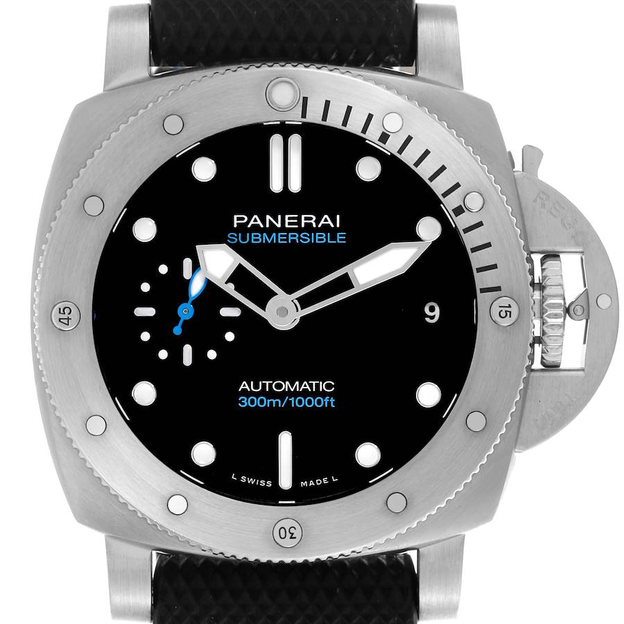 The Panerai Submersible watch is shown from a front angle, highlighting its face, bezel, and crown guard.