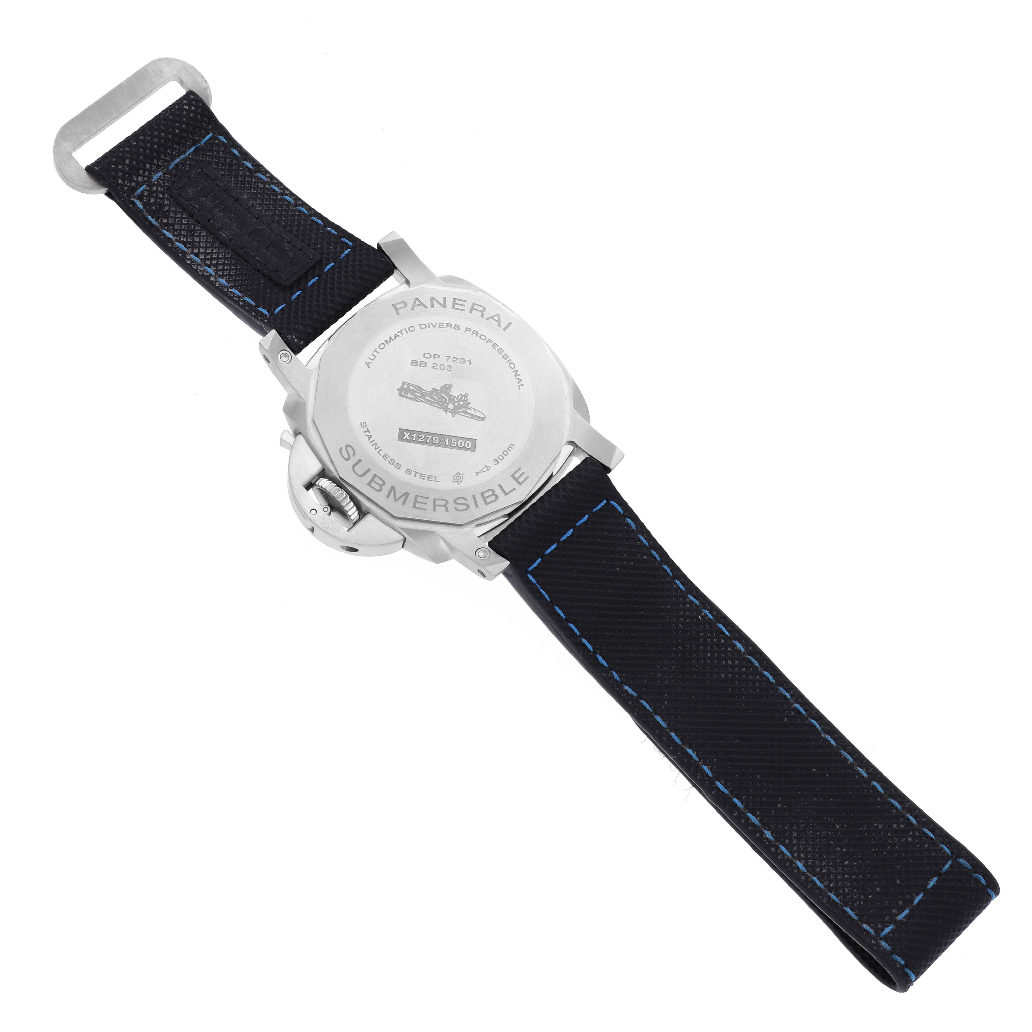 The image shows the back of a Panerai Submersible PAM00973 Men's Stainless Steel Black Dial PAM00973 Men's Stainless Steel Black Dial watch at a slight angle, highlighting the case back and strap.