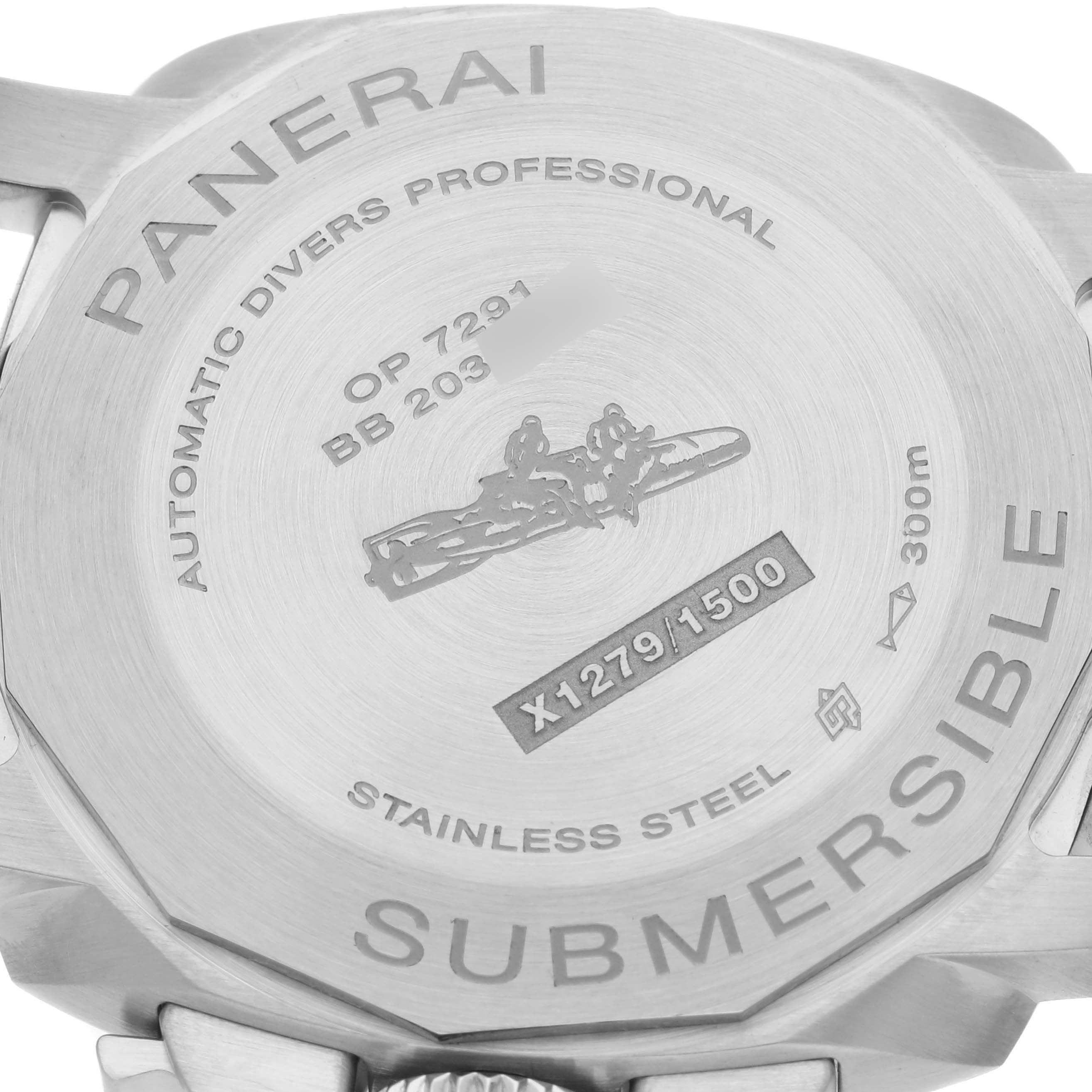 The image shows the back case of a Panerai Submersible PAM00973 Men's Stainless Steel Black Dial PAM00973 Men's Stainless Steel Black Dial, featuring engravings and specifications.