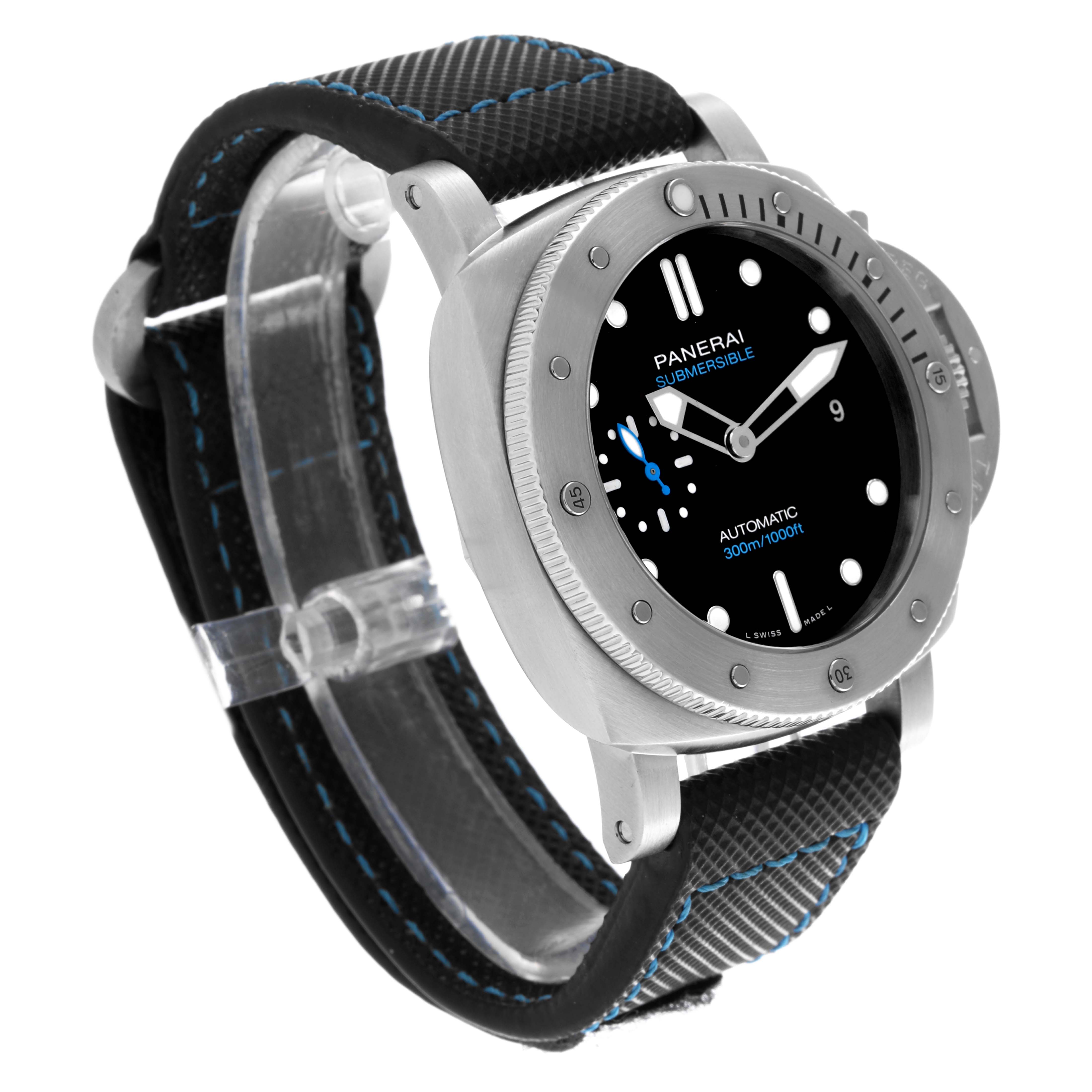 The Panerai Submersible PAM00973 Men's Stainless Steel Black Dial PAM00973 Men's Stainless Steel Black Dial watch is shown from a three-quarter angle, highlighting the bezel, dial, and strap.