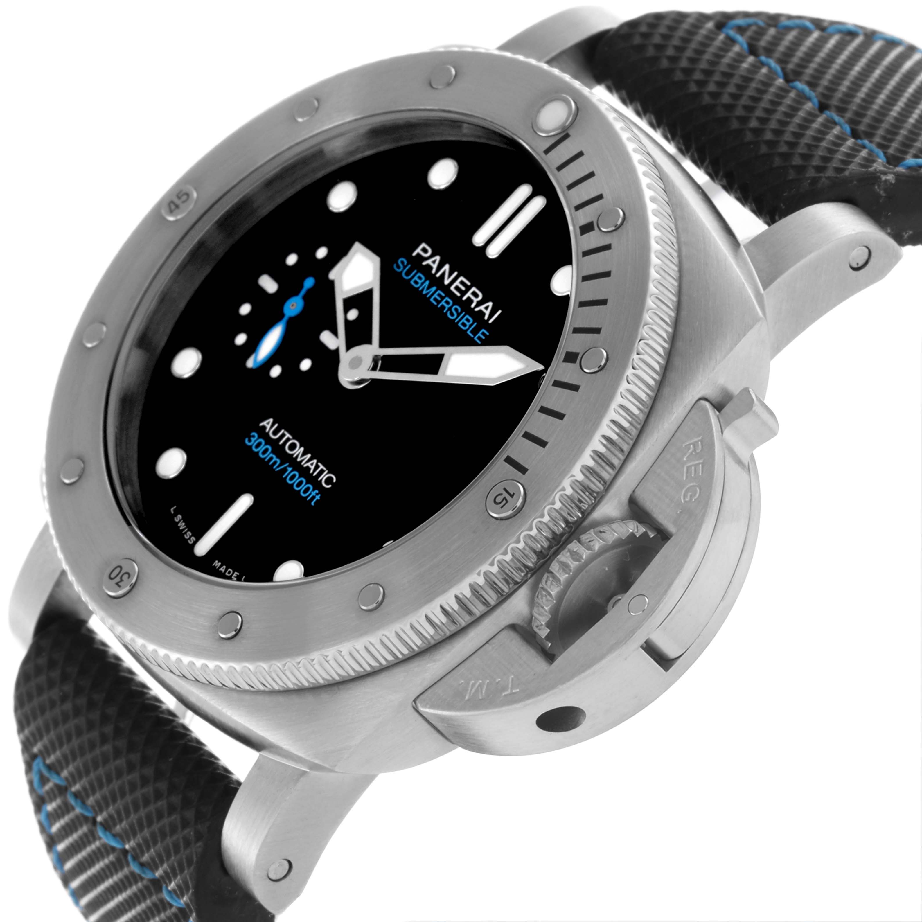 The Panerai Submersible PAM00973 Men's Stainless Steel Black Dial PAM00973 Men's Stainless Steel Black Dial watch is shown at an angled view, highlighting the dial, bezel, crown, and strap.