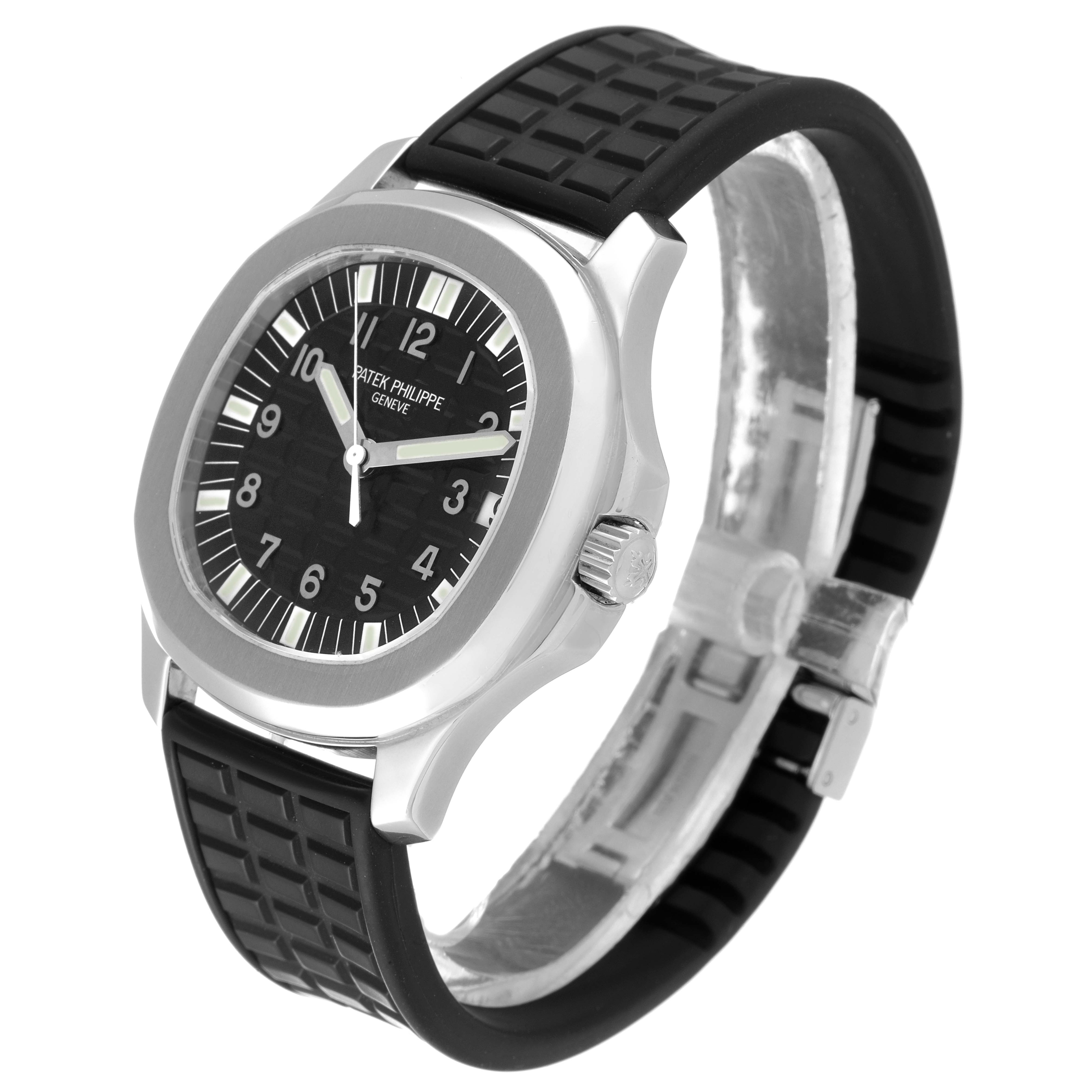 This image shows a side-angle view of the Patek Philippe Aquanaut 5065/1A-010 Men's Stainless Steel Black Dial 5065/1A-010 Men's Stainless Steel Black Dial watch, highlighting the dial, case, crown, and rubber strap.