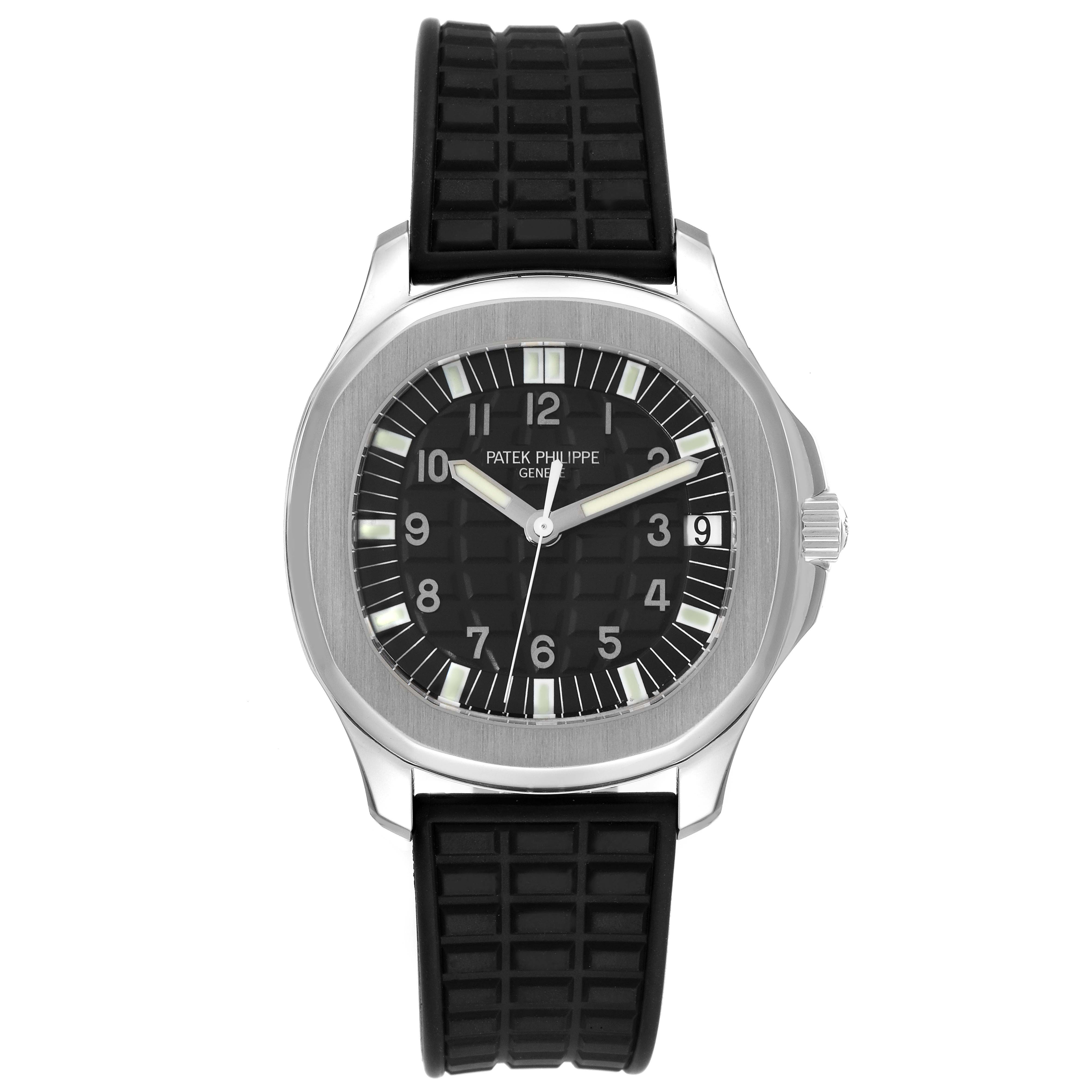 The image shows a front view of the Patek Philippe Aquanaut 5065/1A-010 Men's Stainless Steel Black Dial 5065/1A-010 Men's Stainless Steel Black Dial watch, featuring its dial, bezel, and black strap.