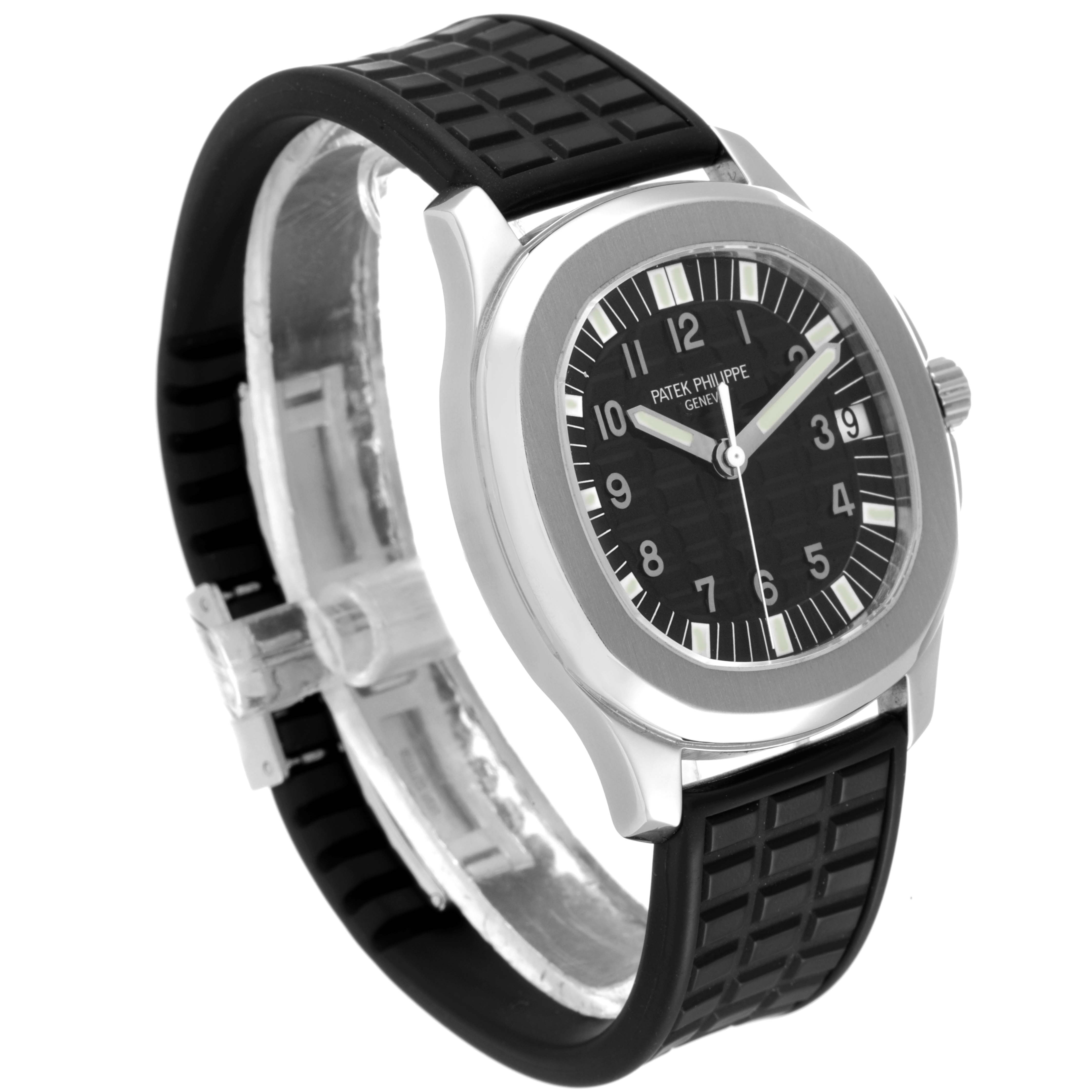 The image shows a Patek Philippe Aquanaut 5065/1A-010 Men's Stainless Steel Black Dial 5065/1A-010 Men's Stainless Steel Black Dial model watch from an angled side view, highlighting the dial and black strap.