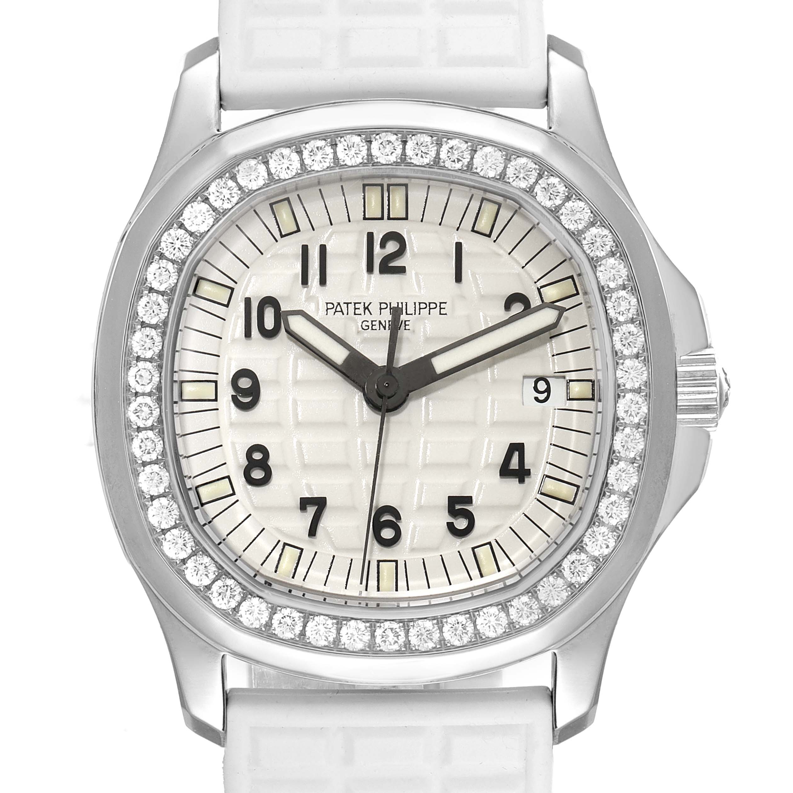 The image shows a frontal view of the Patek Philippe Aquanaut 5067A Women's Stainless Steel White Dial 5067A Women's Stainless Steel White Dial watch, displaying its dial, bezel, and part of the bracelet.